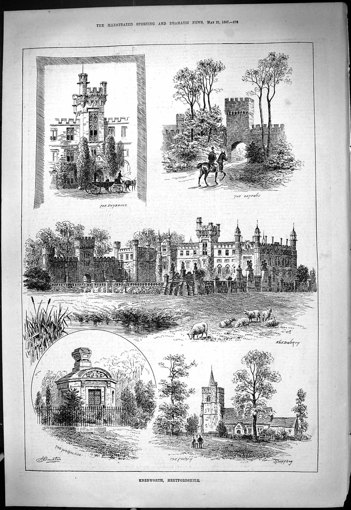 Antique Old Print Knebworth Hertfordshire Mausoleum Church Sheep Gateway 1887