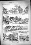 Original Old Antique Print 1887 Cycling Rambles Ripley Houses Trees River Swain