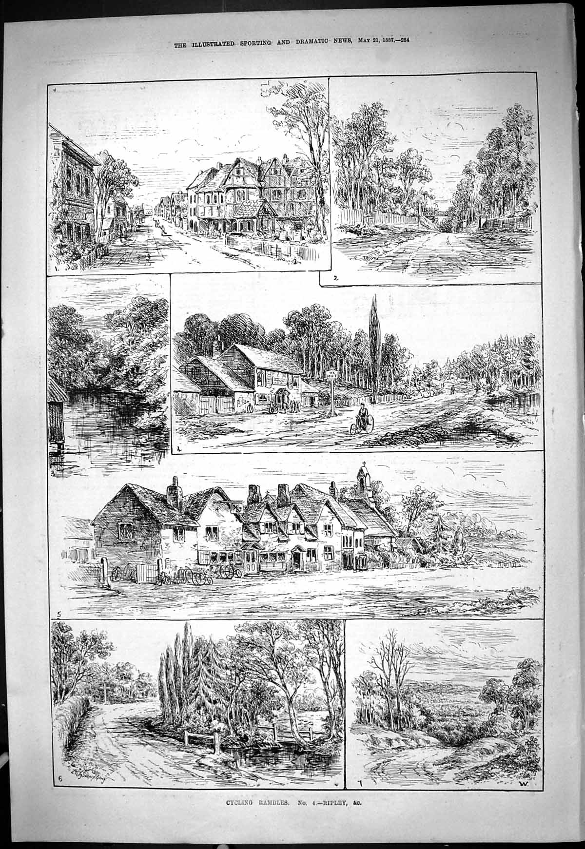 Original Old Antique Print 1887 Cycling Rambles Ripley Houses Trees River Swain