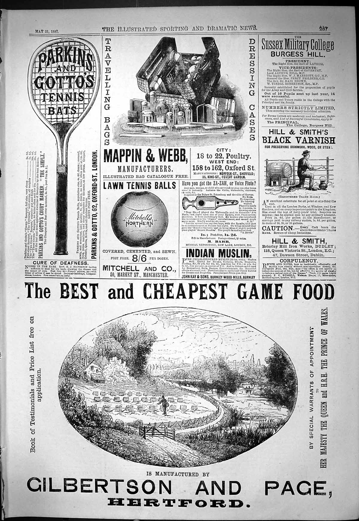 Old 1887 Advertisement Gilbertson Page Hertford Parkins Tennis Bat Ma Victorian