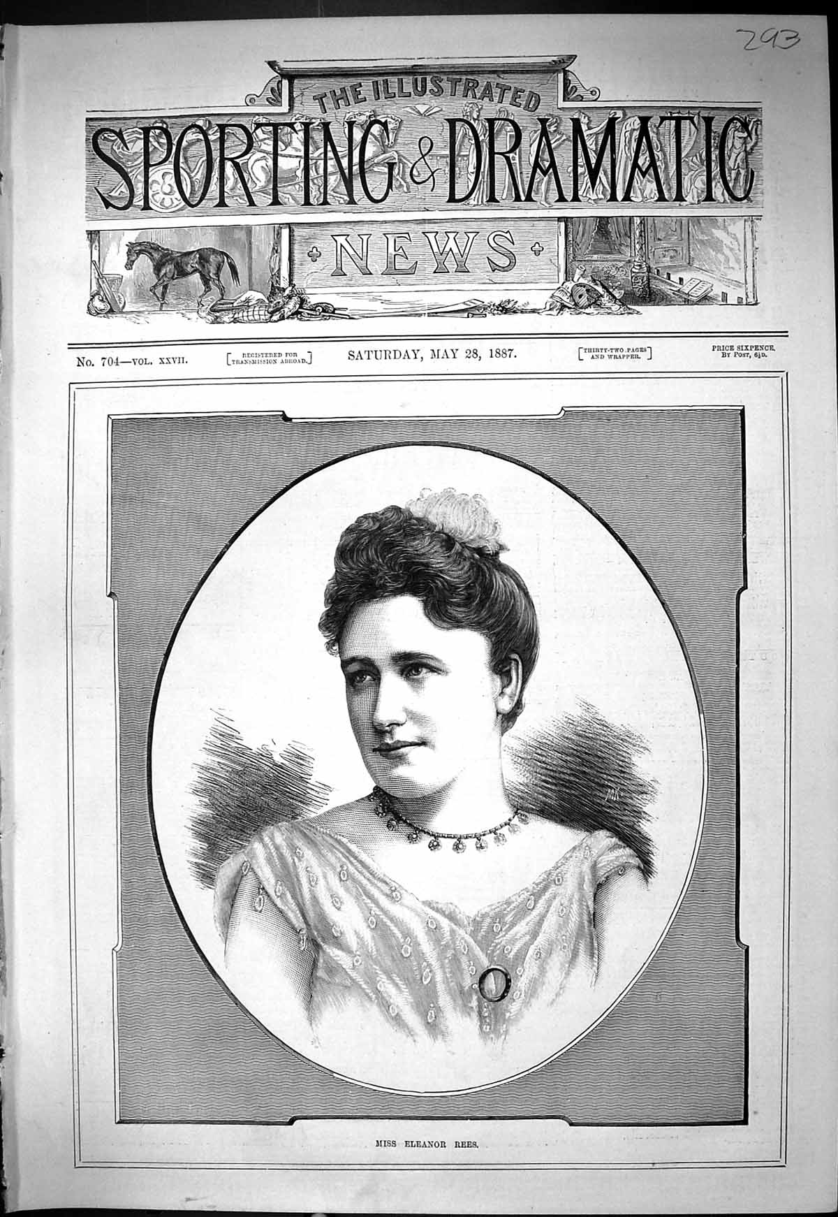 Original Old Antique Print 1887 Portrait Miss Eleanor Rees Beautiful Woman 19th