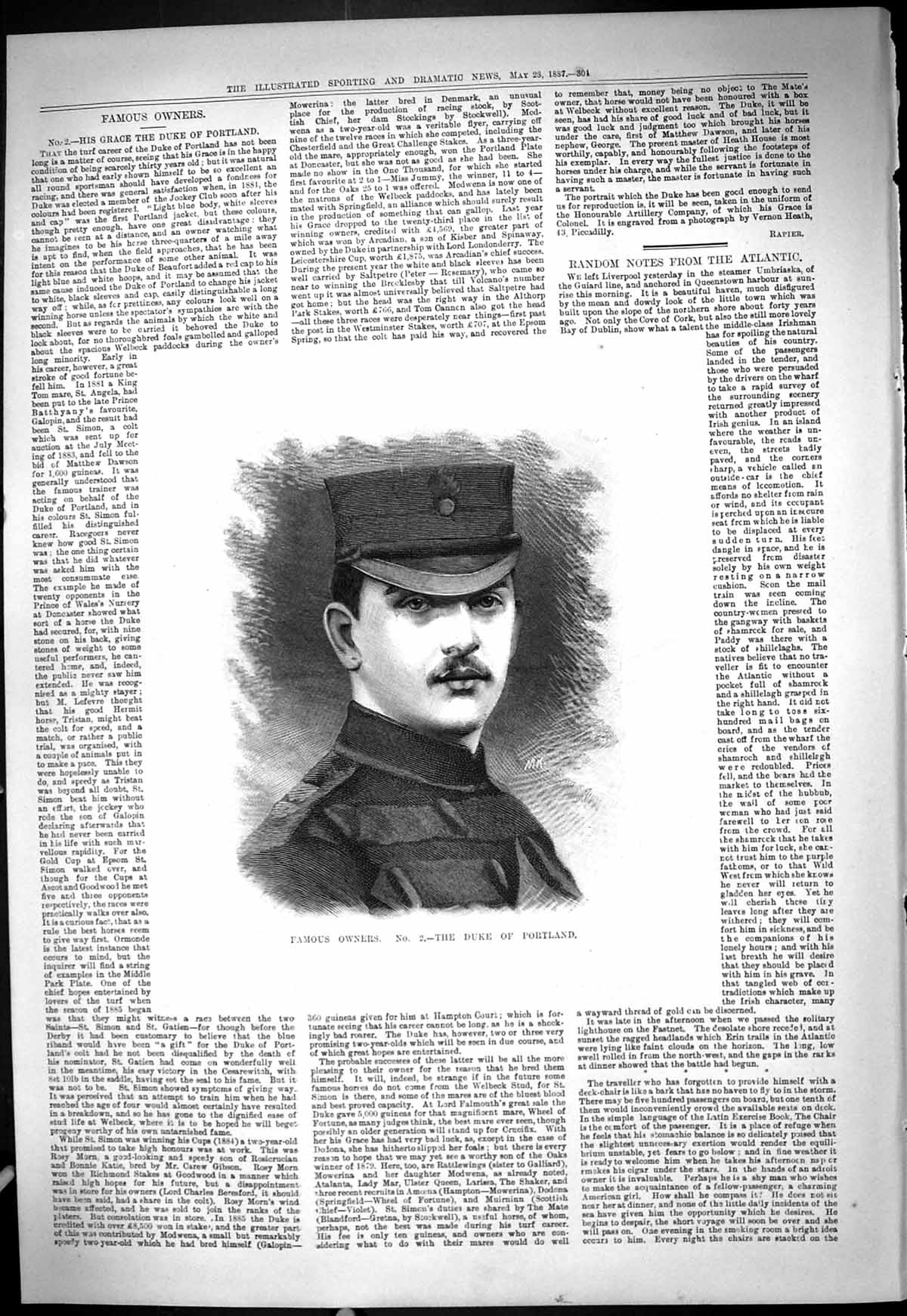 Original Old Antique Print 1887 Portrait Famous Horse Owner Duke Portland 19th