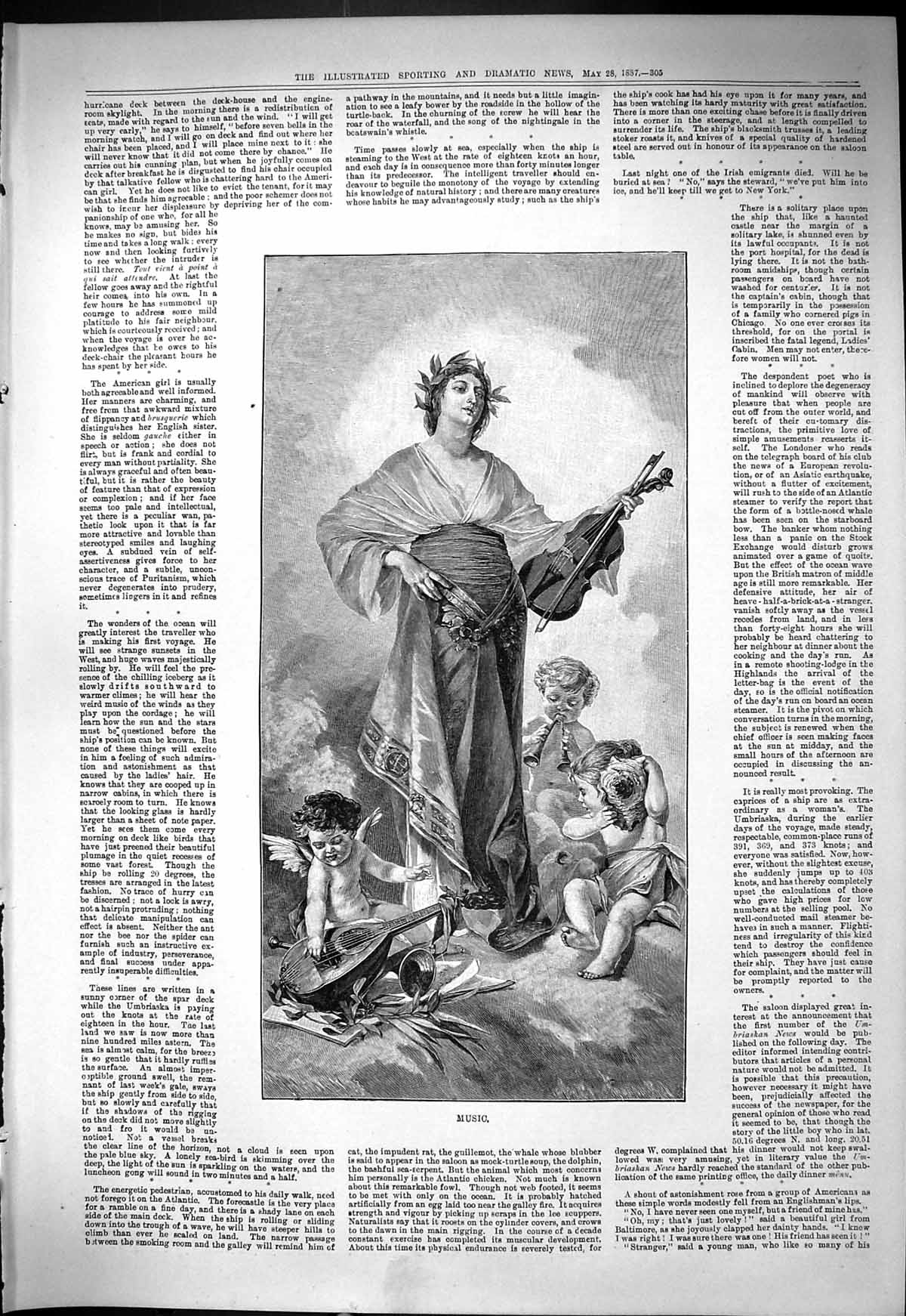 Original Old Antique Print 1887 Music Beautiful Woman Violin Cherubs Angels