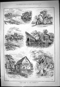 Old Print Cycling Rambles Bray Maidenhead River Bridge Houses Trees 1887 19th