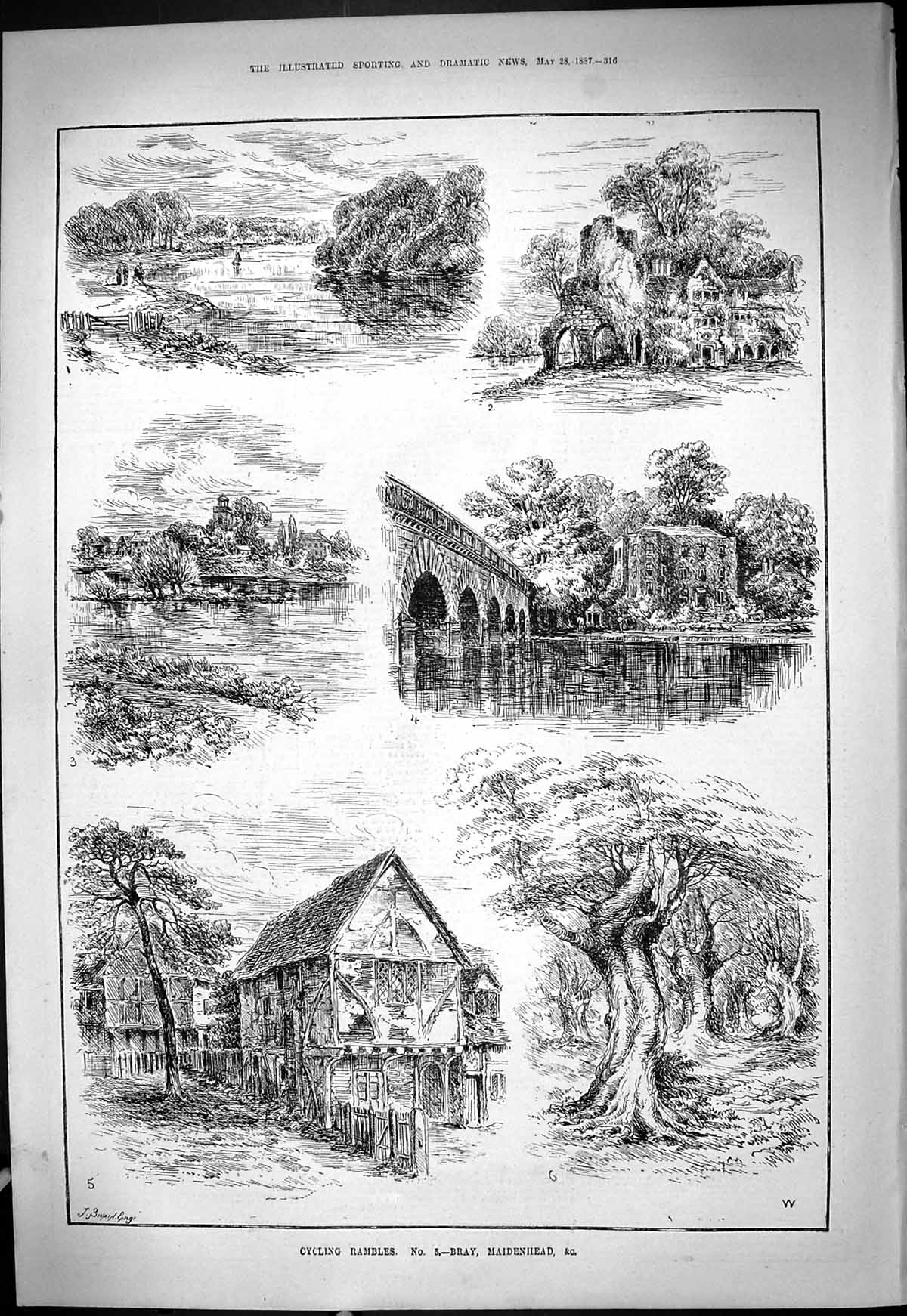 Old Print Cycling Rambles Bray Maidenhead River Bridge Houses Trees 1887 19th