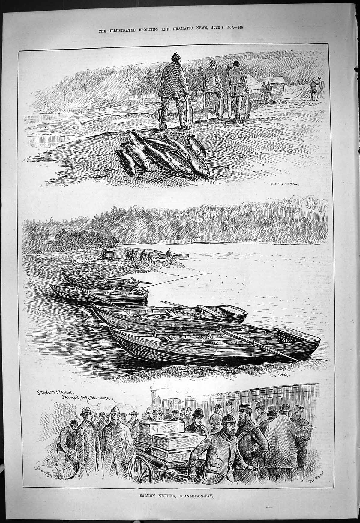 Old Print Salmon Netting Stanley-On-Tay Fishing Stanley Station Fish 1887 19th