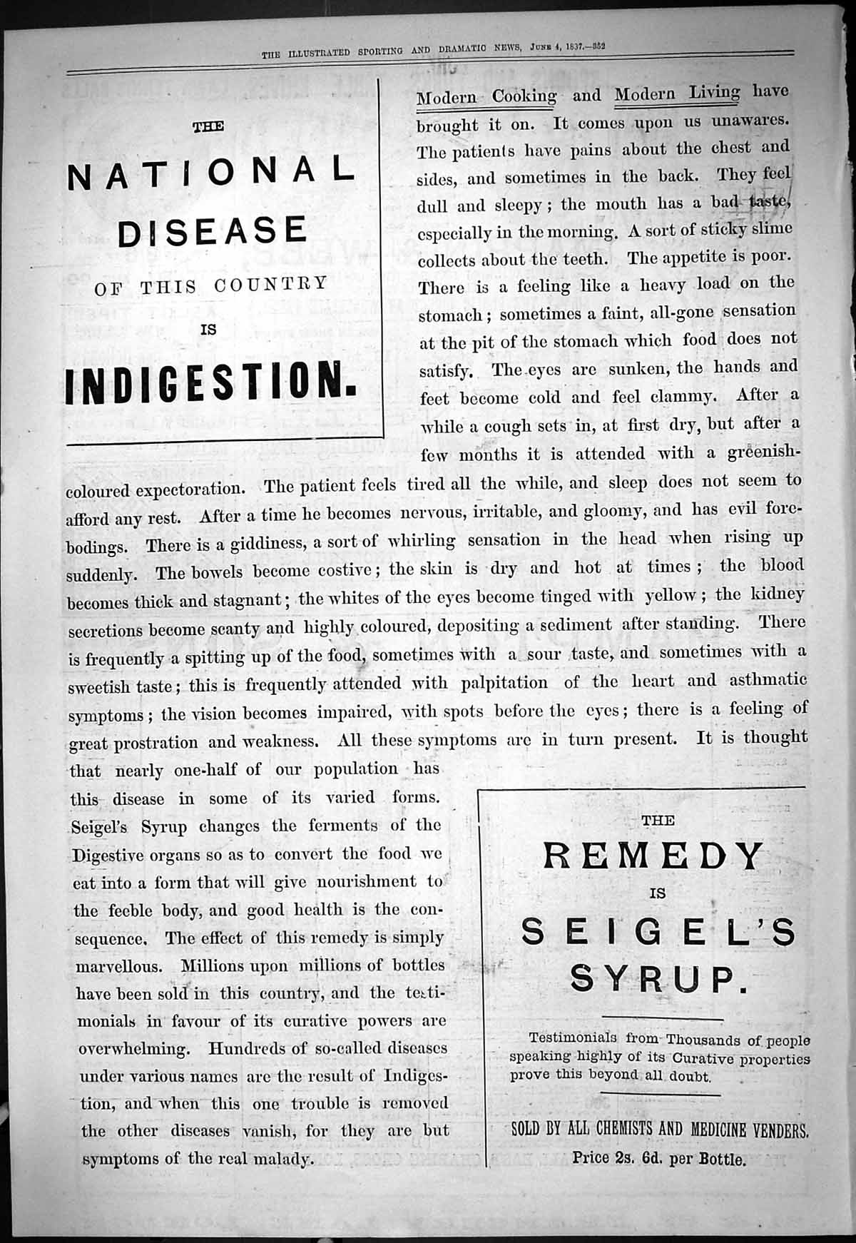 Old Print 1887 Advertisement Seigel'S Syrup National Disease Indigestion 19th