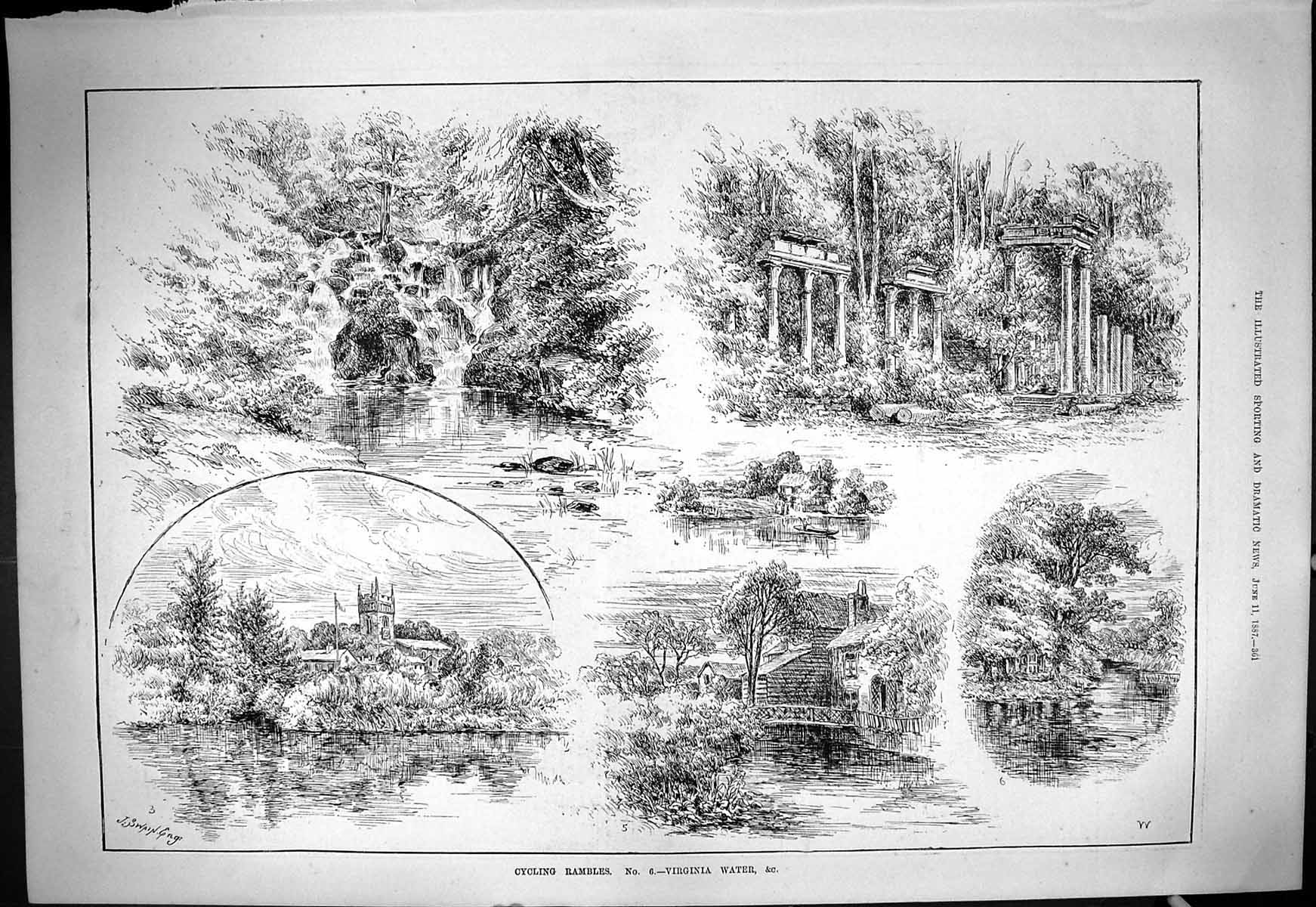 Old Antique Print Virginia Water Church River 1887 Swain Cycling Rambles 19th