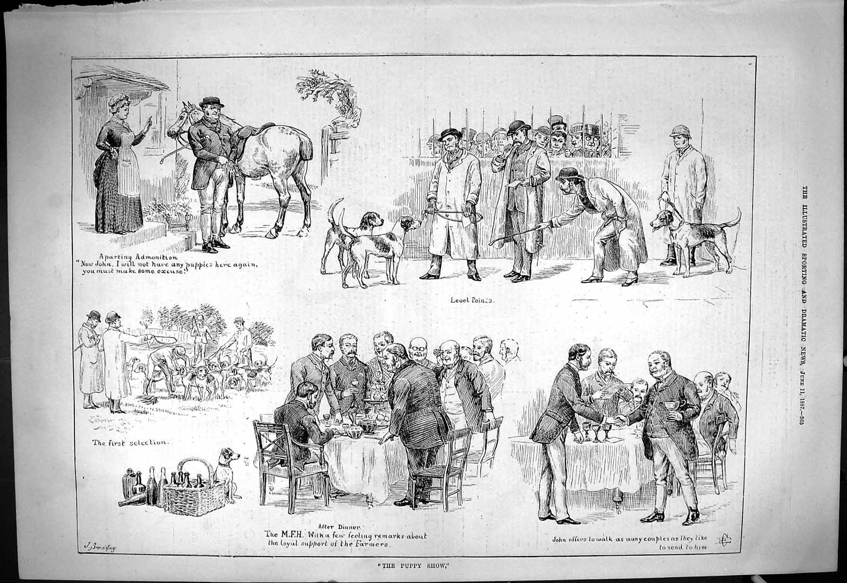 Old Antique Print 1887 Puppy Show Pets John Hounds Dogs Hunting Farmers 19th