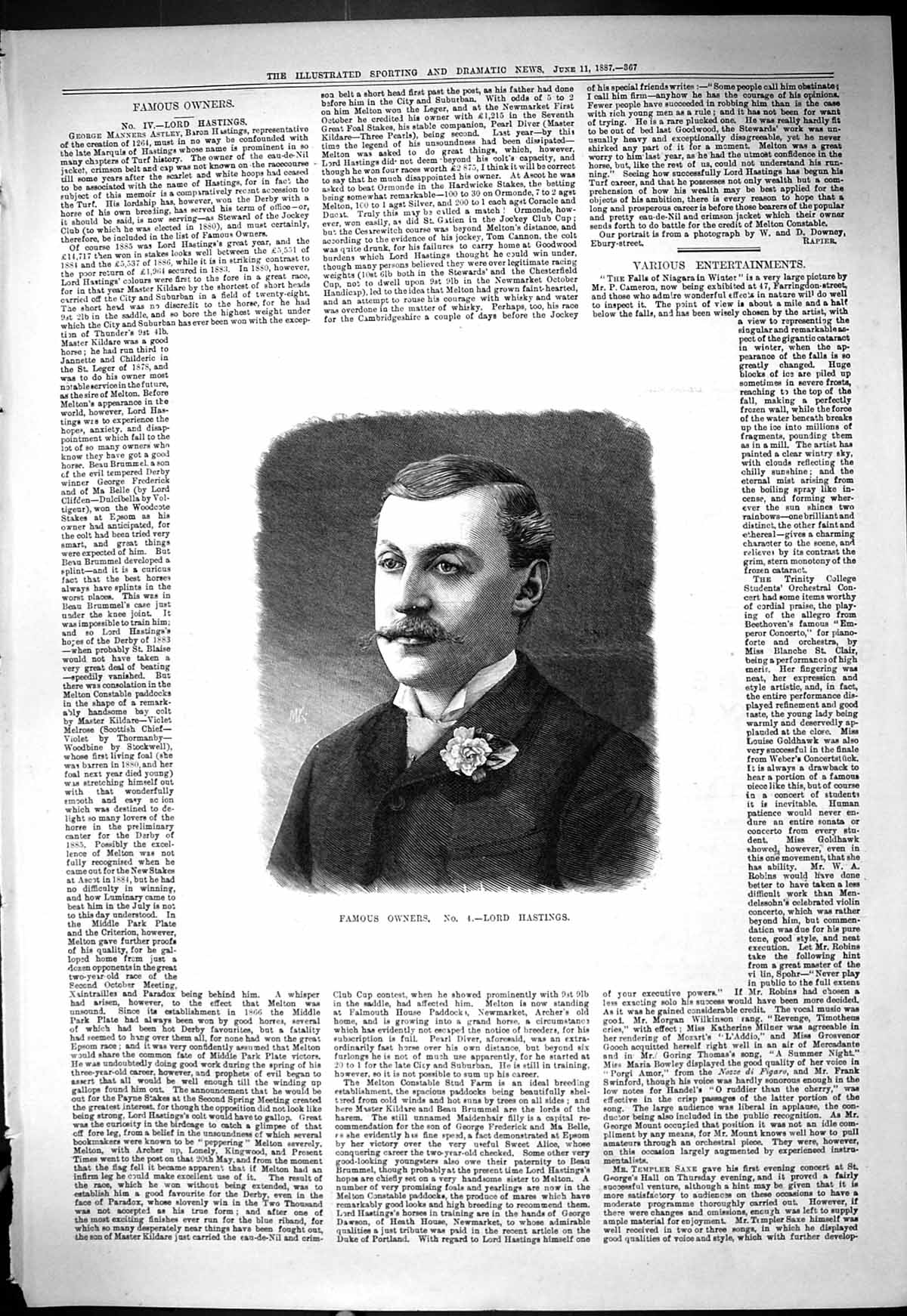 Original Old Antique Print 1887 Portrait Famous Horse Owner Lord Hastings 19th