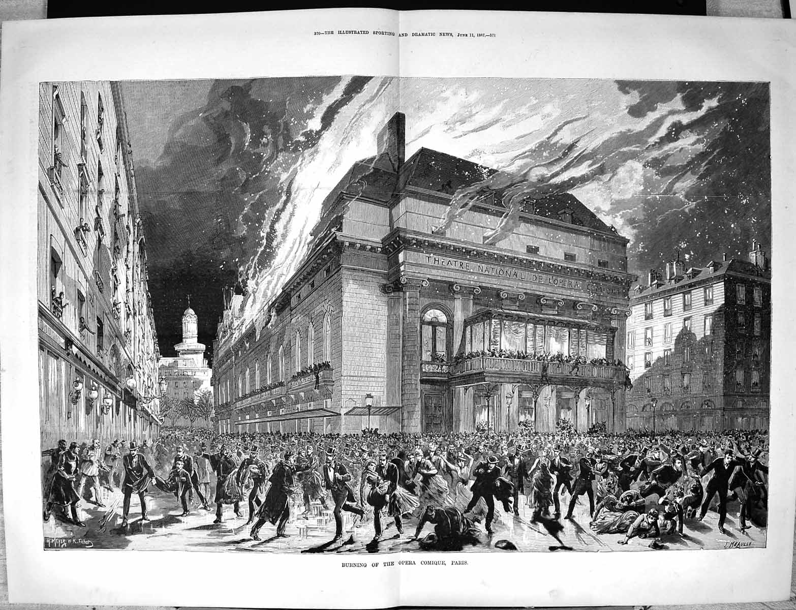 Antique Print Fire Burning Opera Comique Paris France Rescue Building 1887