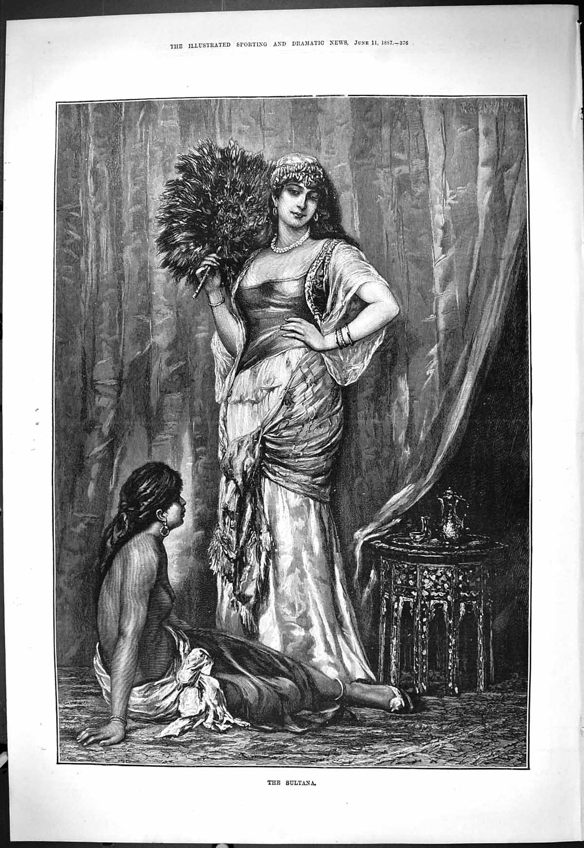 Old Theatre Critic 1887 Fine Art Sultana Beautiful Woman Feather Fan Victorian
