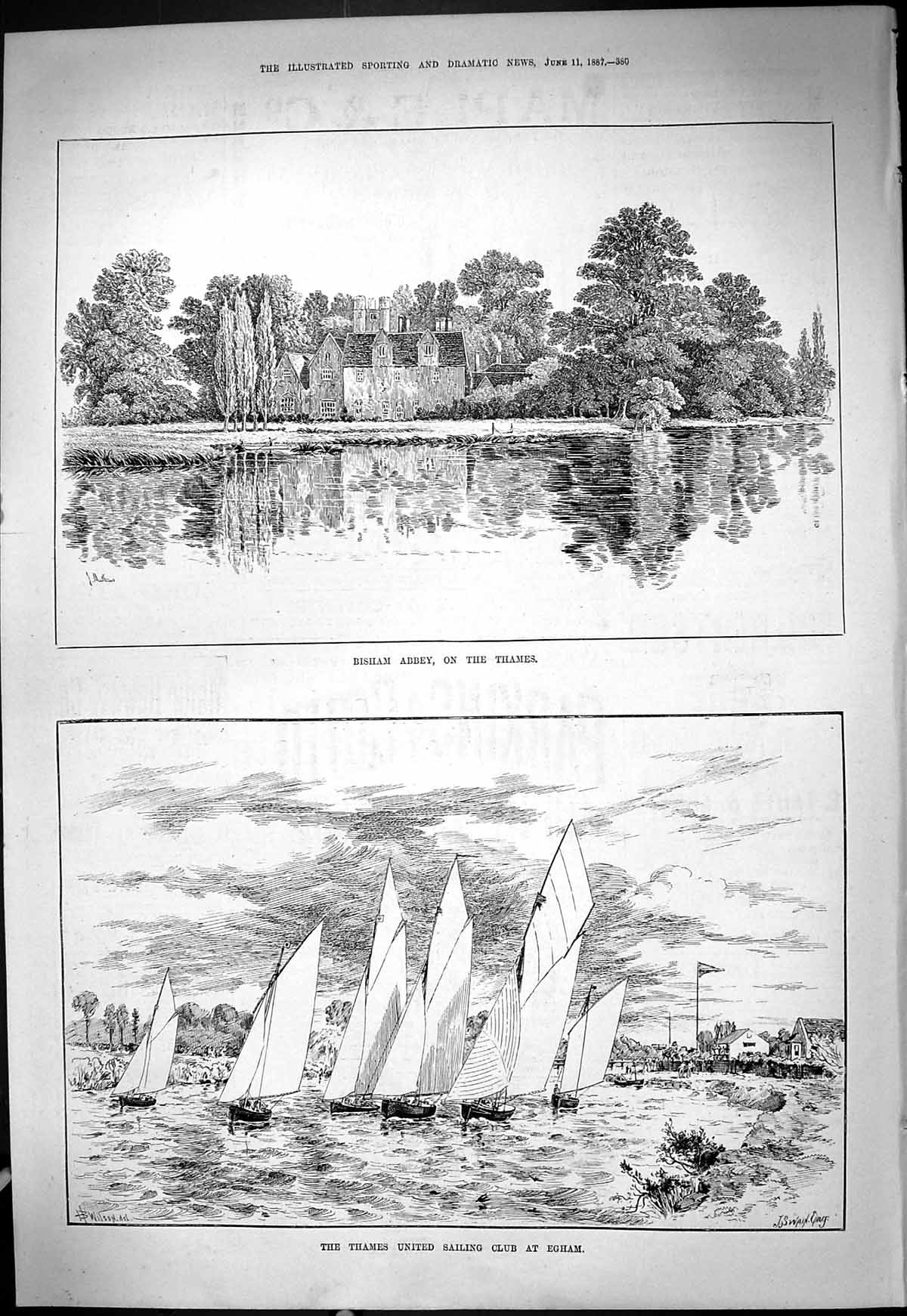 Antique Old Print 1887 Bisham Abbey River Thames Sailing Club Egham Yachts 19th