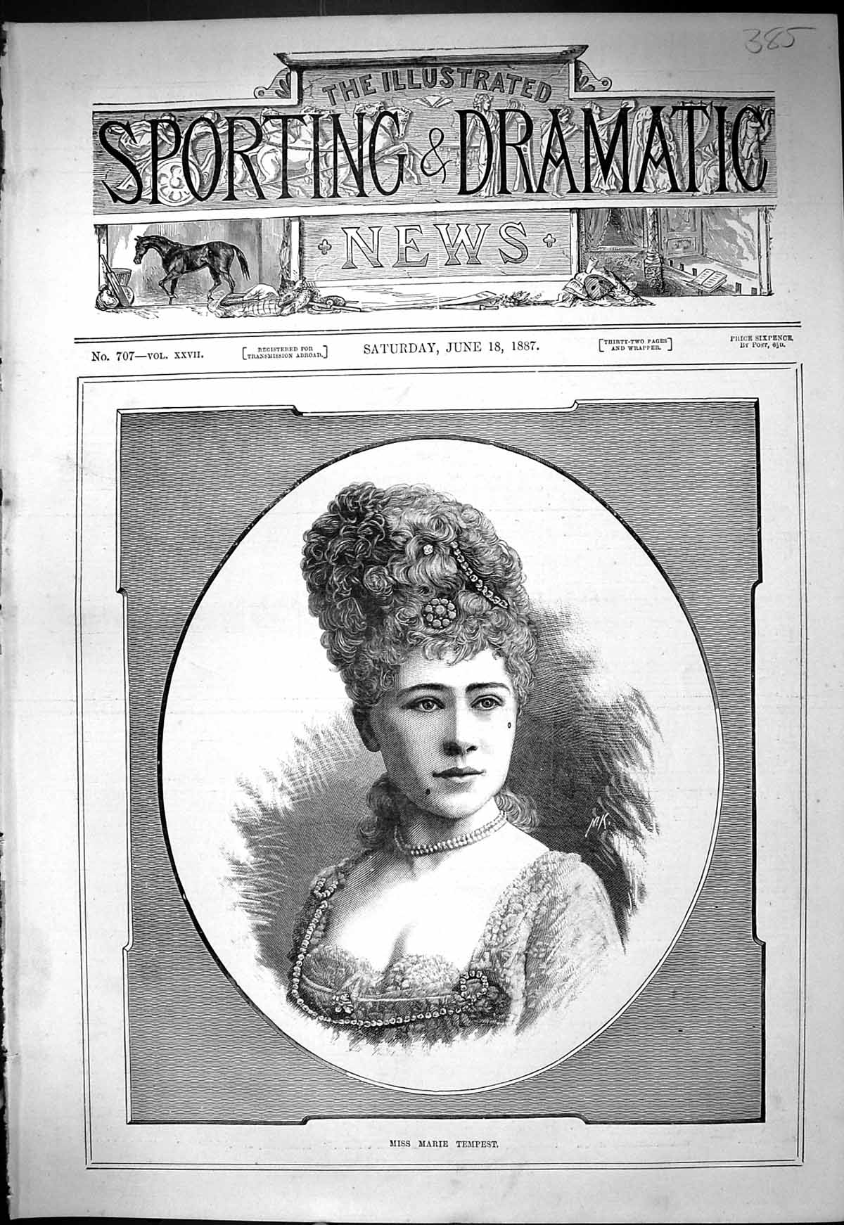 Original Old Antique Print 1887 Portrait Marie Tempest Beautiful Woman 19th