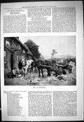 Antique Old Print 1887 Rest Refreshment Horses Log Cart Chideock Castle Inn