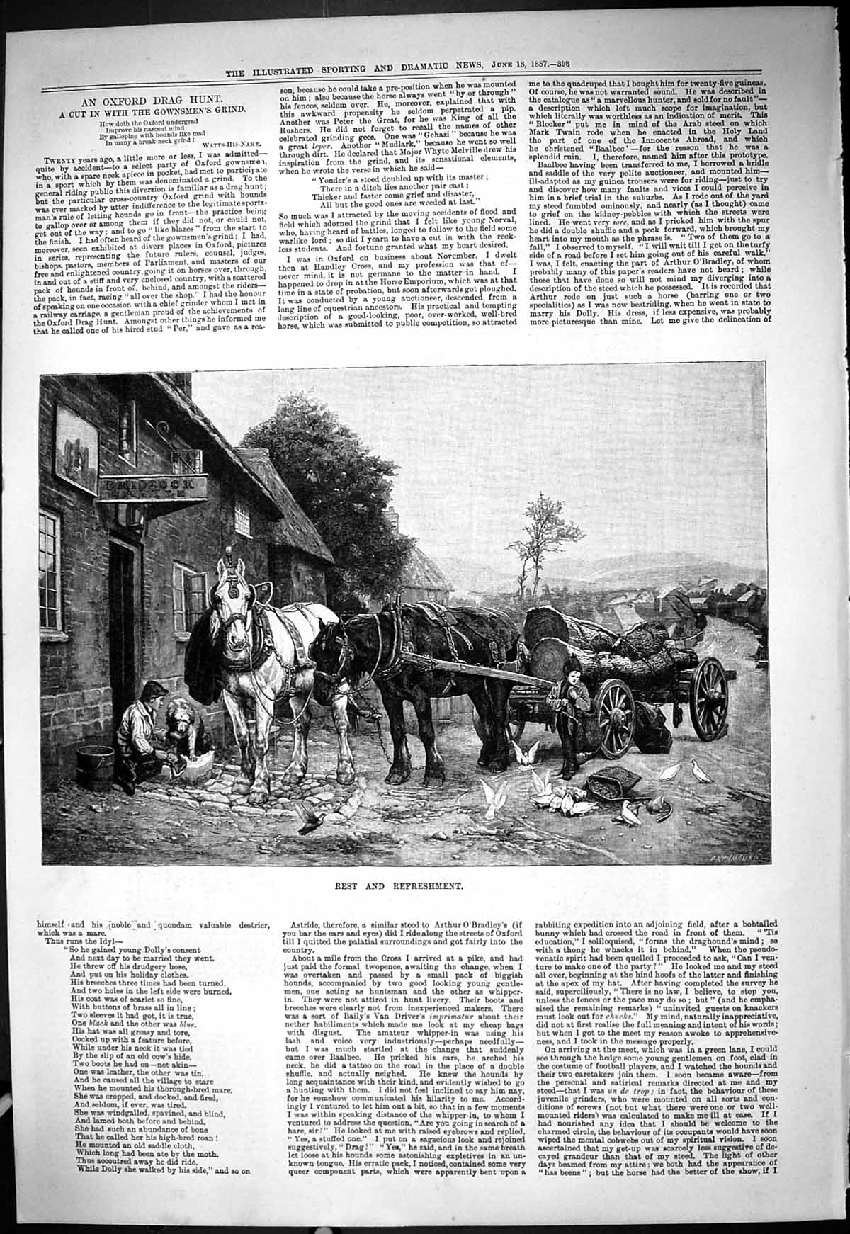 Antique Old Print 1887 Rest Refreshment Horses Log Cart Chideock Castle Inn