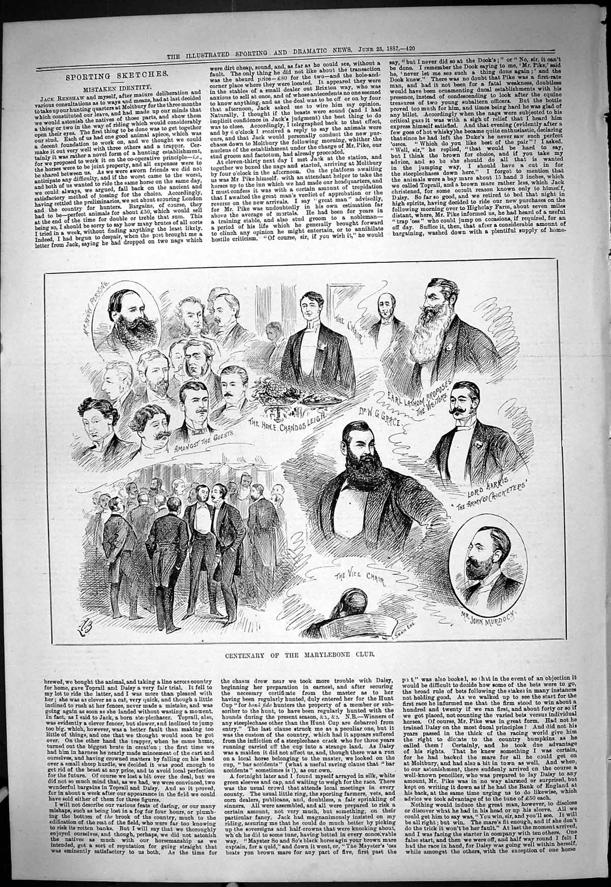 Antique Old Print Centenary Marylebone Club Harris Lathom Leigh Murdoch 1887