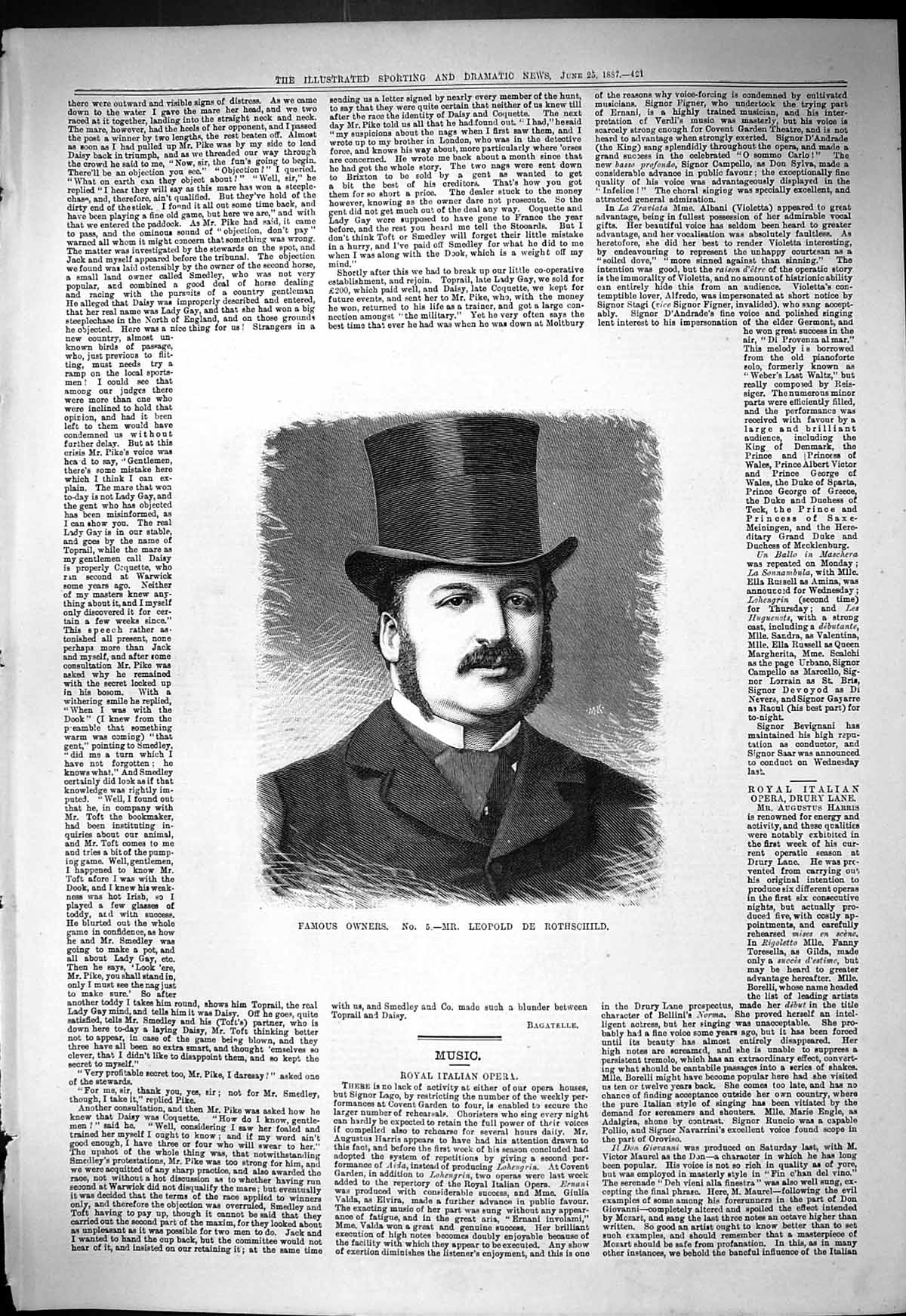 Old Antique Print Famous Horse Owner Mr LeopDe Rothschild 1887 Portrait 19th