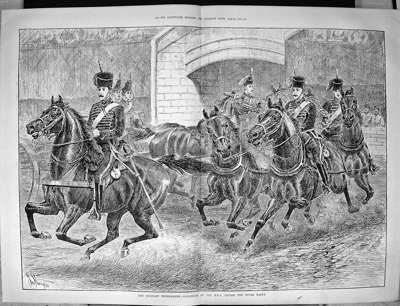 Antique Print Military Tournament Horses Galloping R.H.A. Royal Party 1887