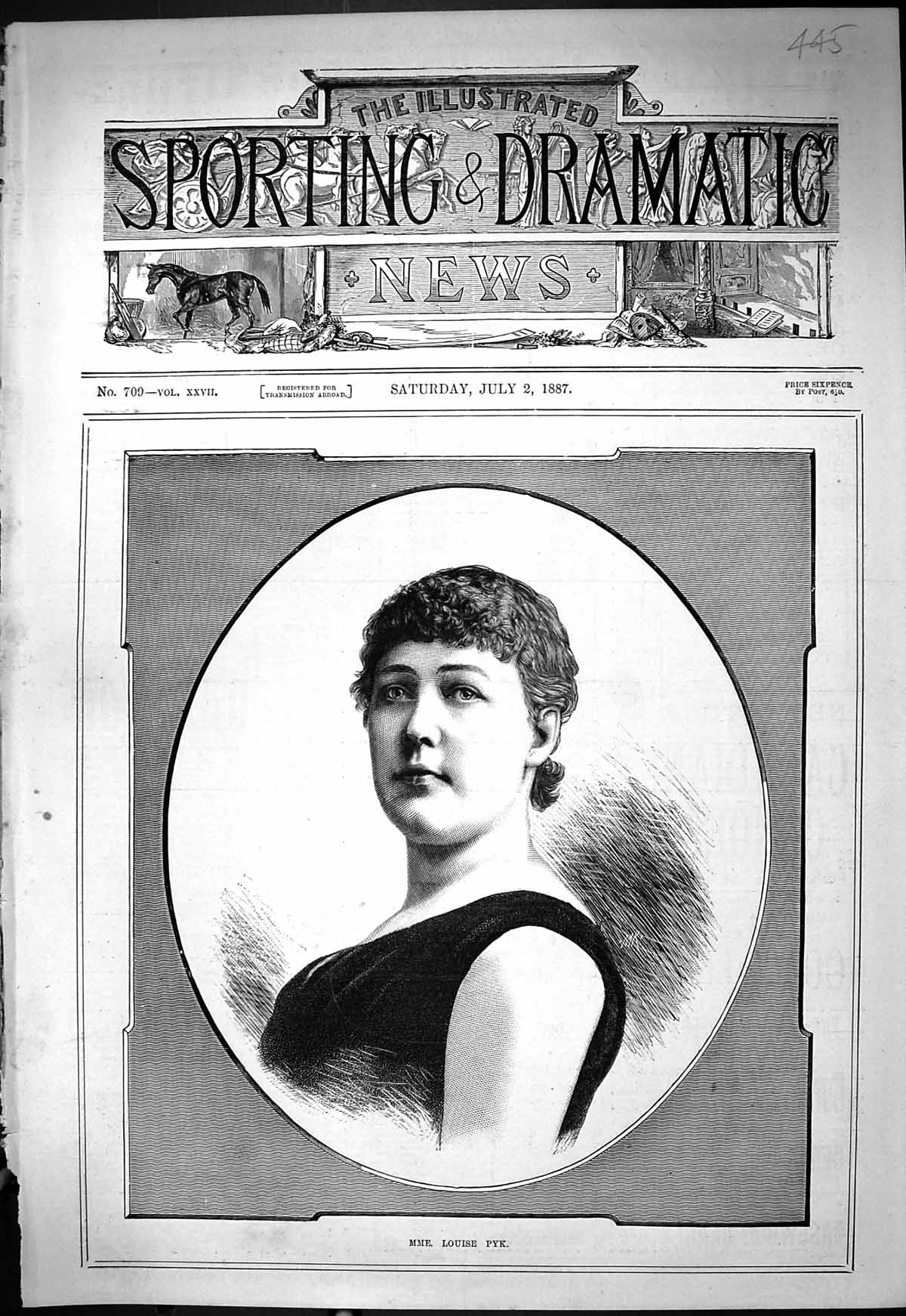 Original Old Antique Print 1887 Portrait Mme. Louise Pyk Beautiful Woman 19th