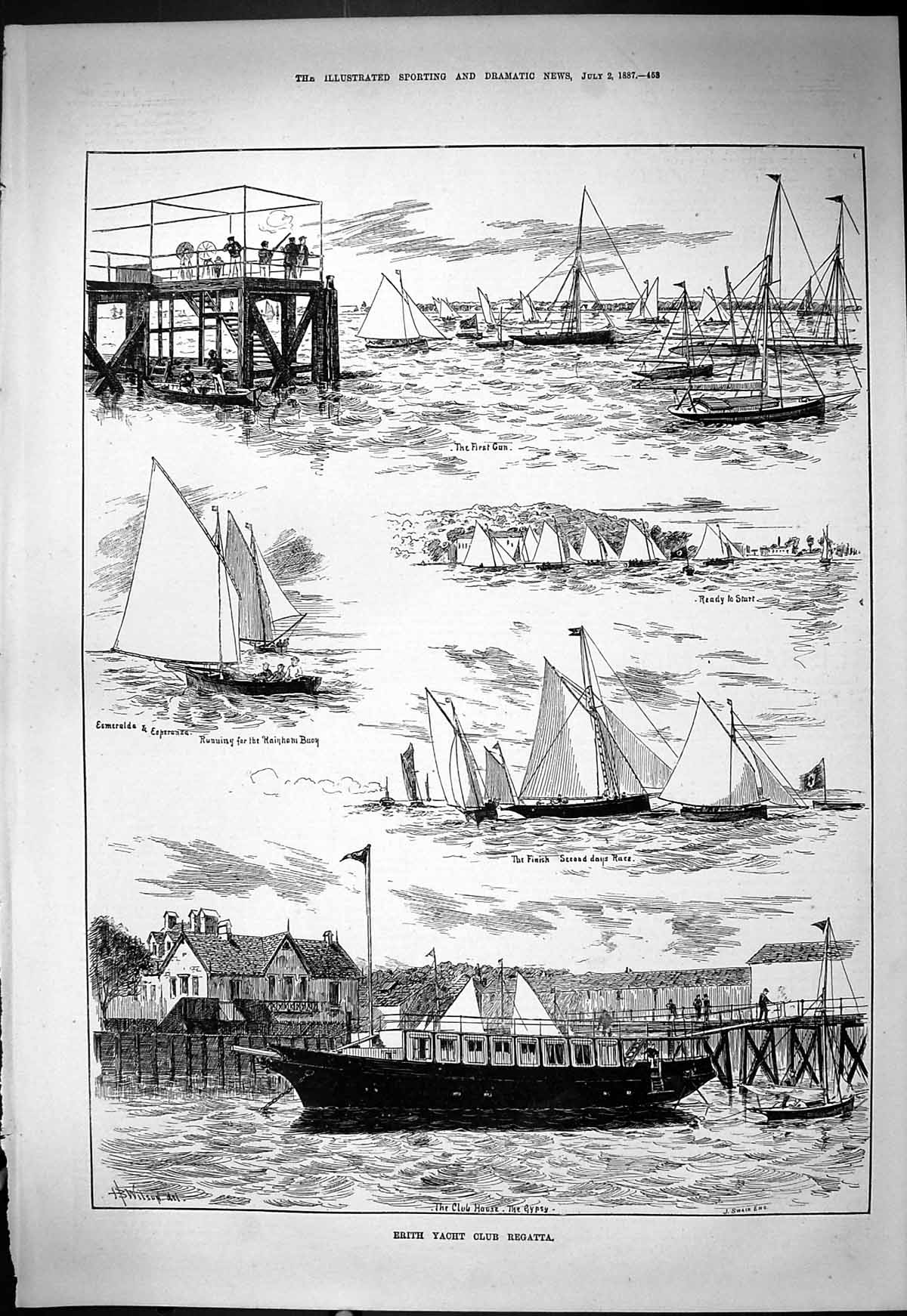 Old Print Erith Yacht Club Regatta Club House Gypsy Esmeralda 1887 Swain 19th