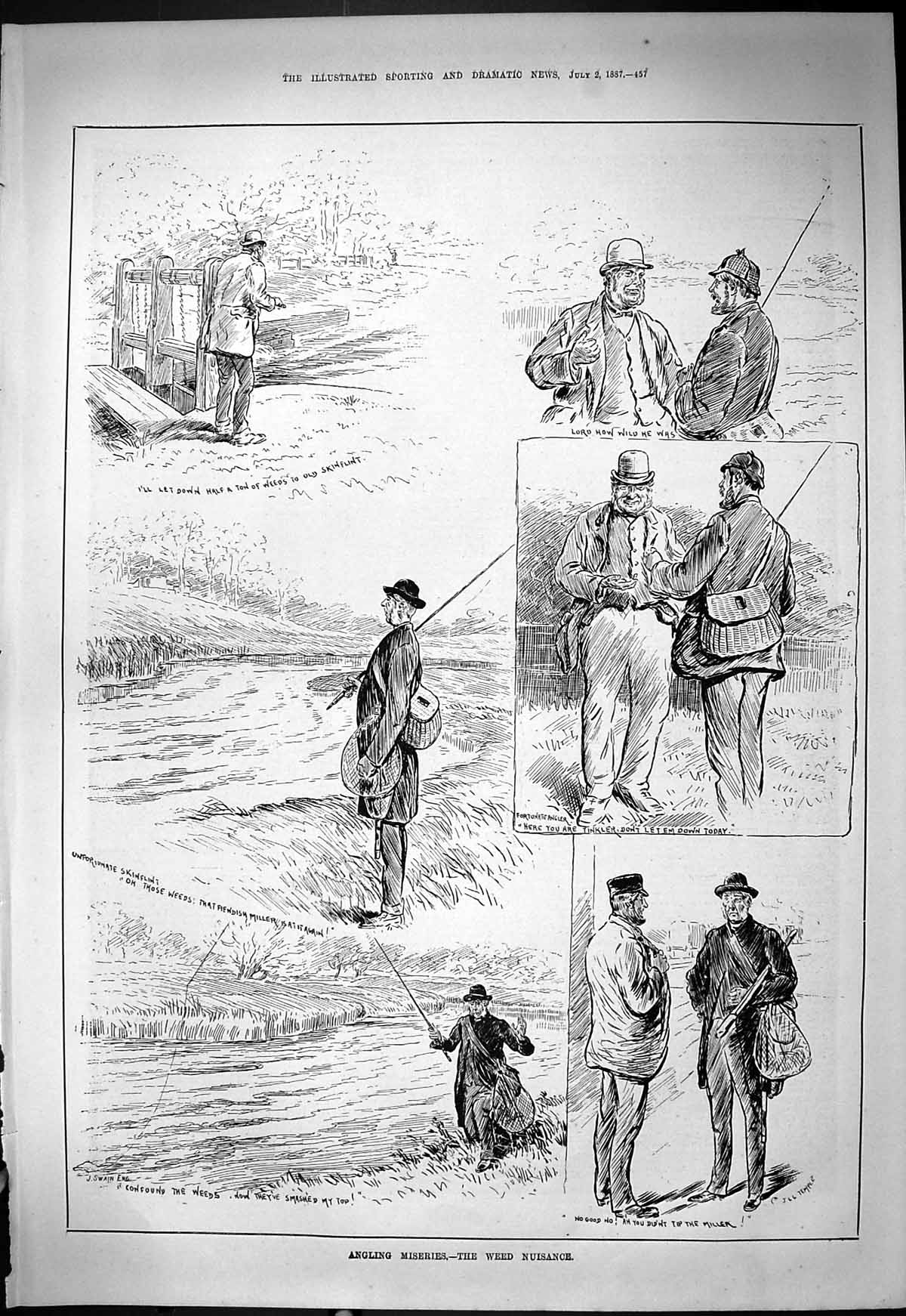 Old Antique Print 1887 Angling Fishing River Rods Sport Fishermen Anglers 19th