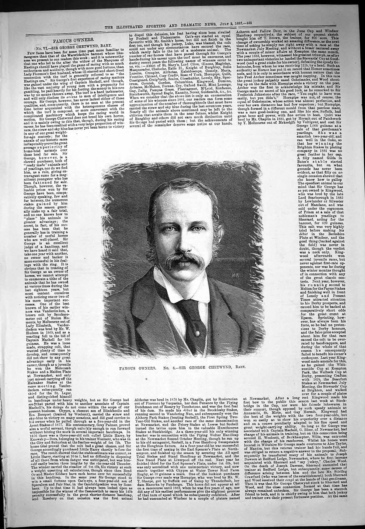 Antique Old Print 1887 Portrait Famous Horse Owner Sir George Chetwynd Bart