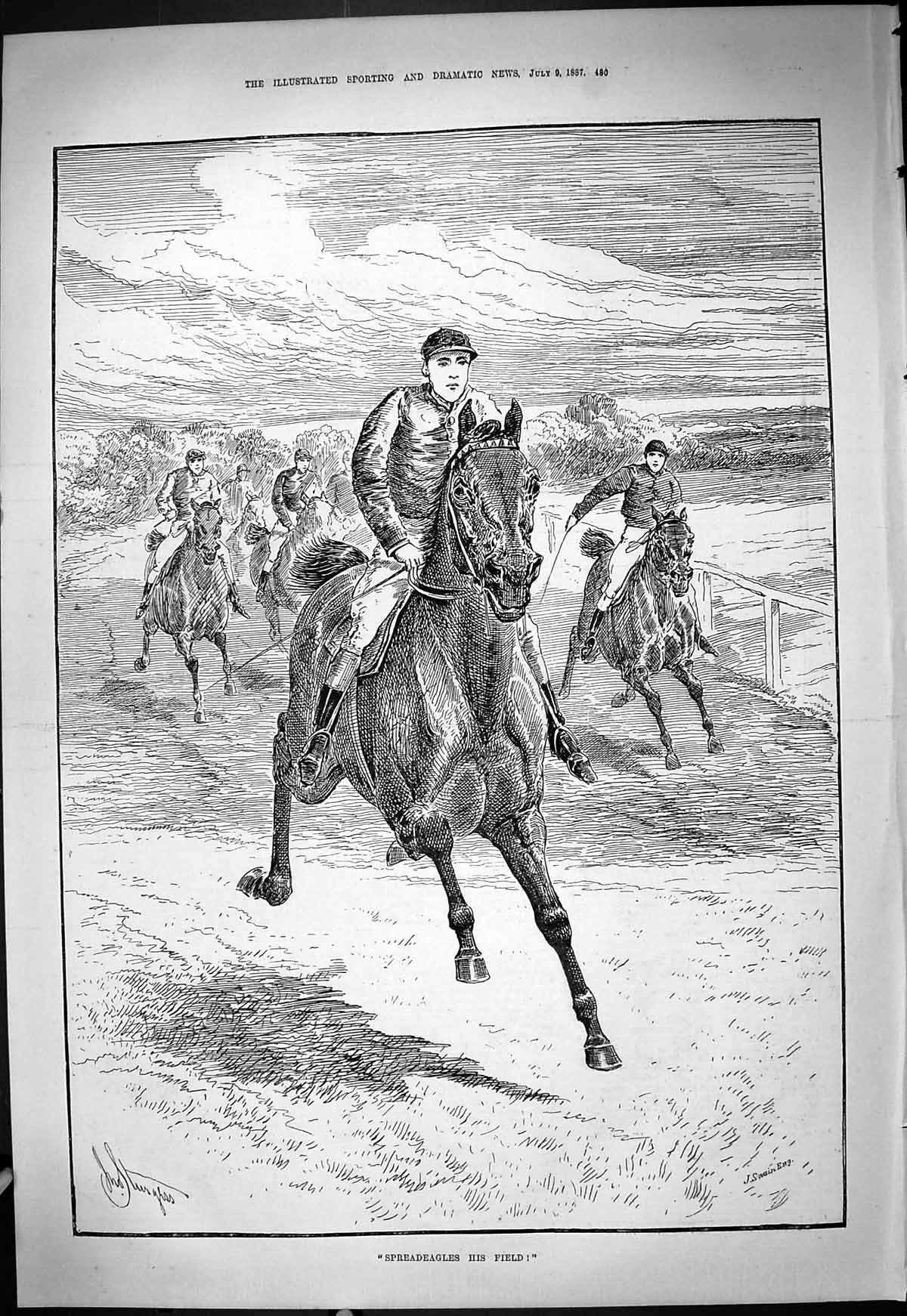 Antique Old Print Spreadeagles Field 1887 Horse Racing Sport Jockeys Swain 19th