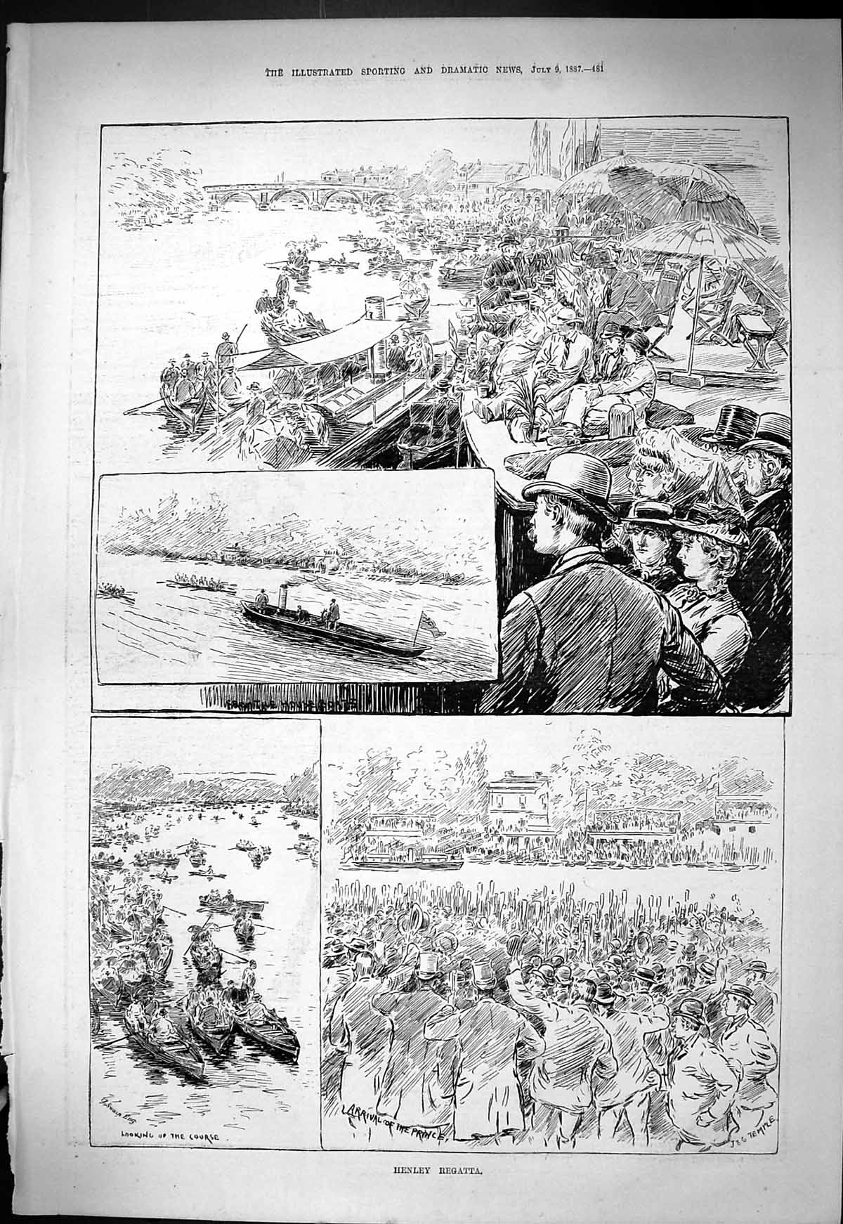 Original Old Antique Print 1887 Henley Regatta House Boats Serpentine Sport