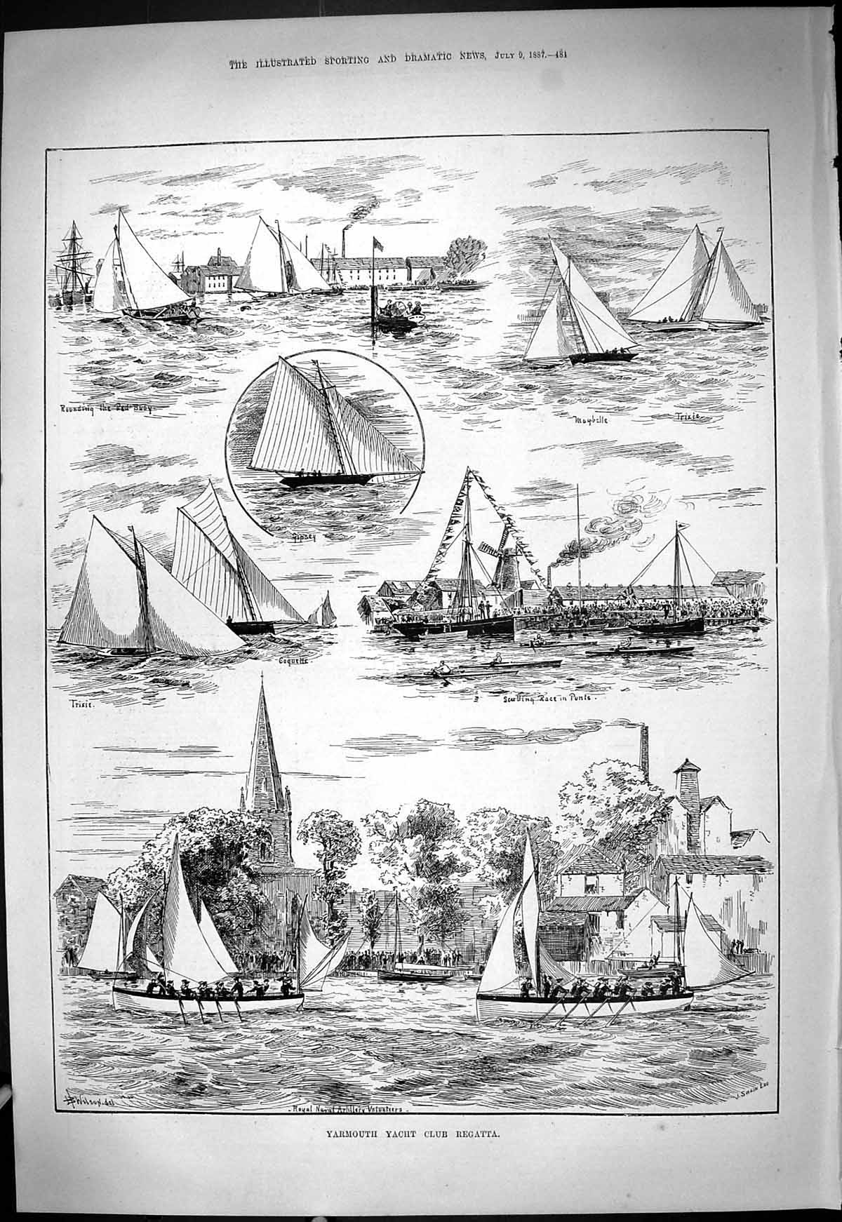 Antique Print 1887 Yarmouth Yacht Club Regatta Trixie Gipsey Maybelle Punts