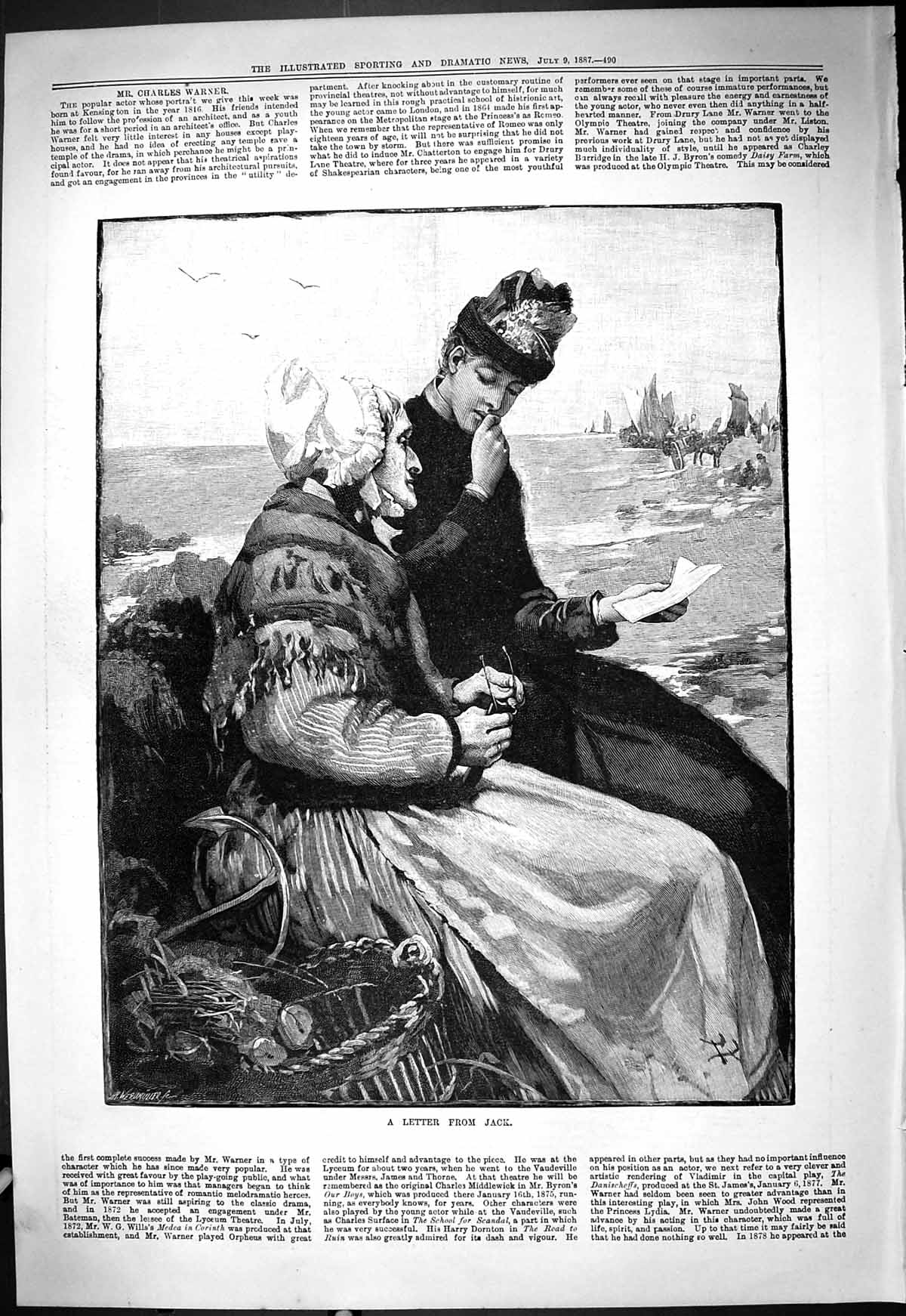 Old Antique Print 1887 Fine Art Ladies Reading Letter Jack Seaside Scene 19th