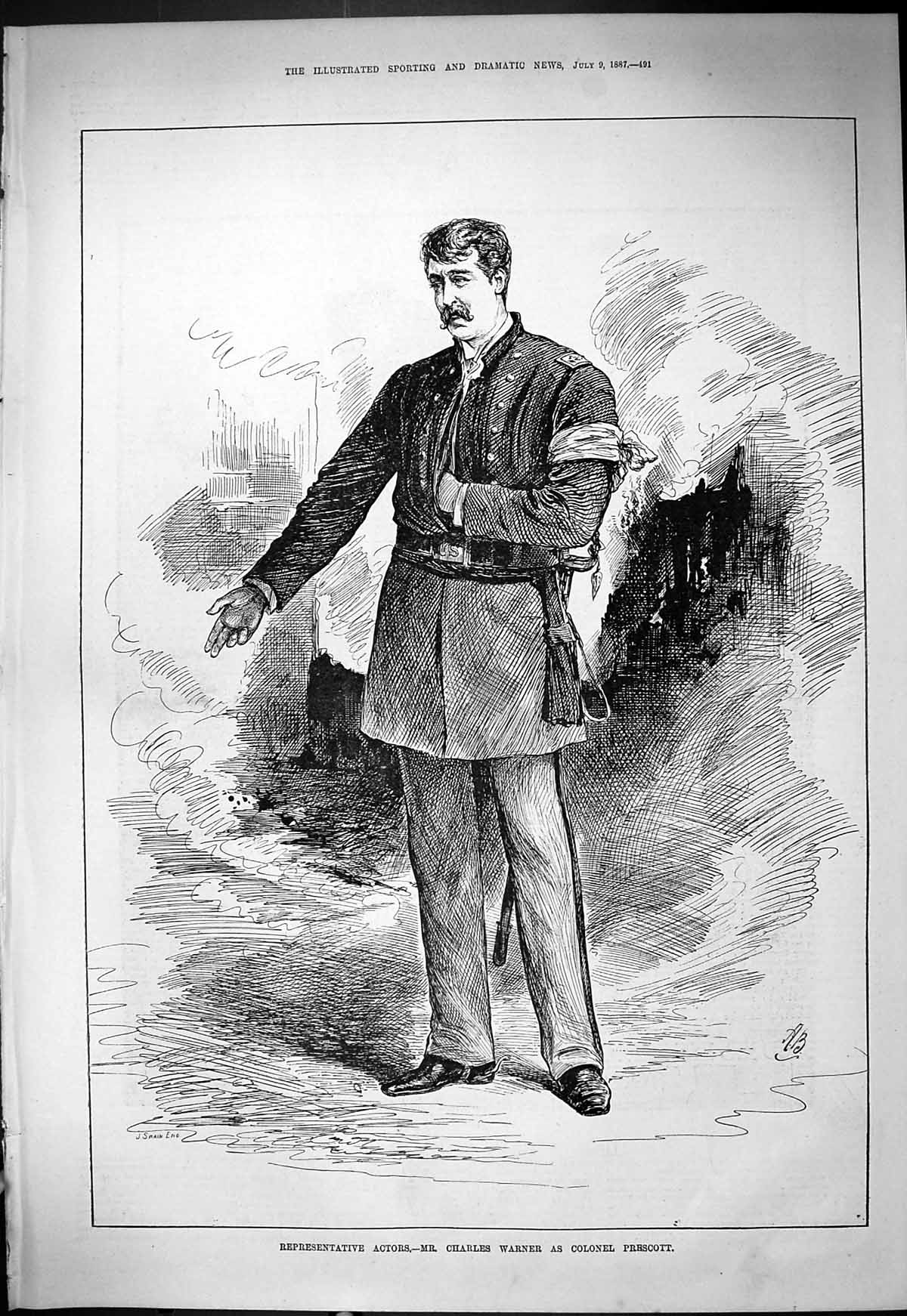 Antique Old Print 1887 Representative Actor Charles Warner Colonel Prescott
