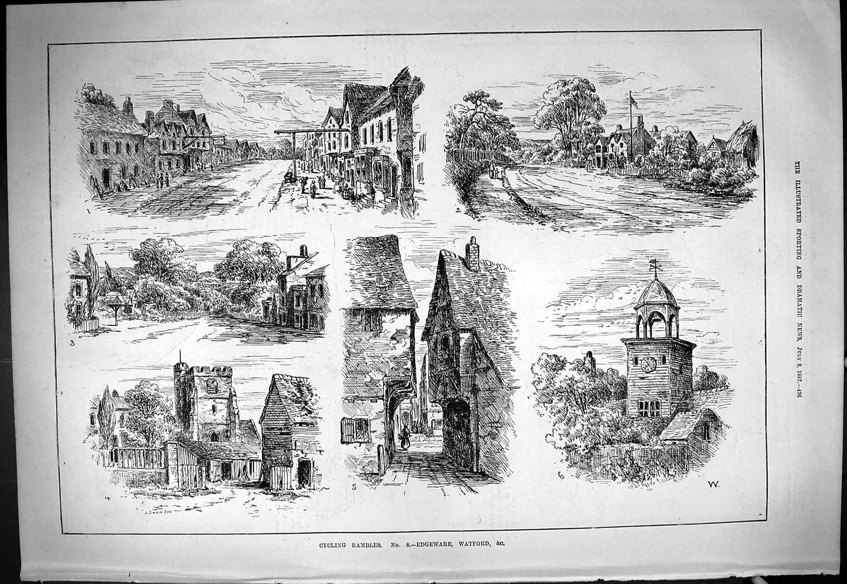 Antique Old Print Theatre Critic 1887 Cycling Rambles Edgeware Watford Church