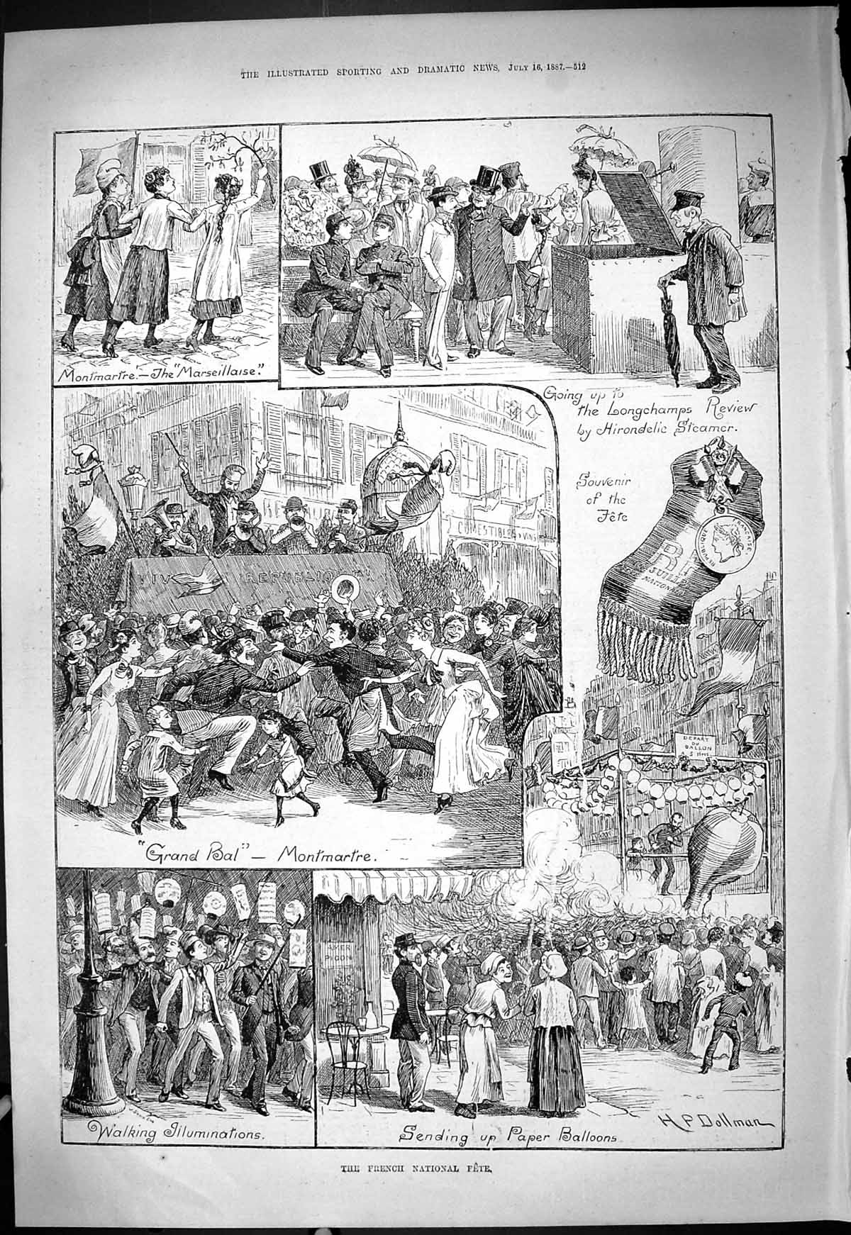 Antique Print Scene French National Fete Montmartre Lonchamps Balloons1887 19th