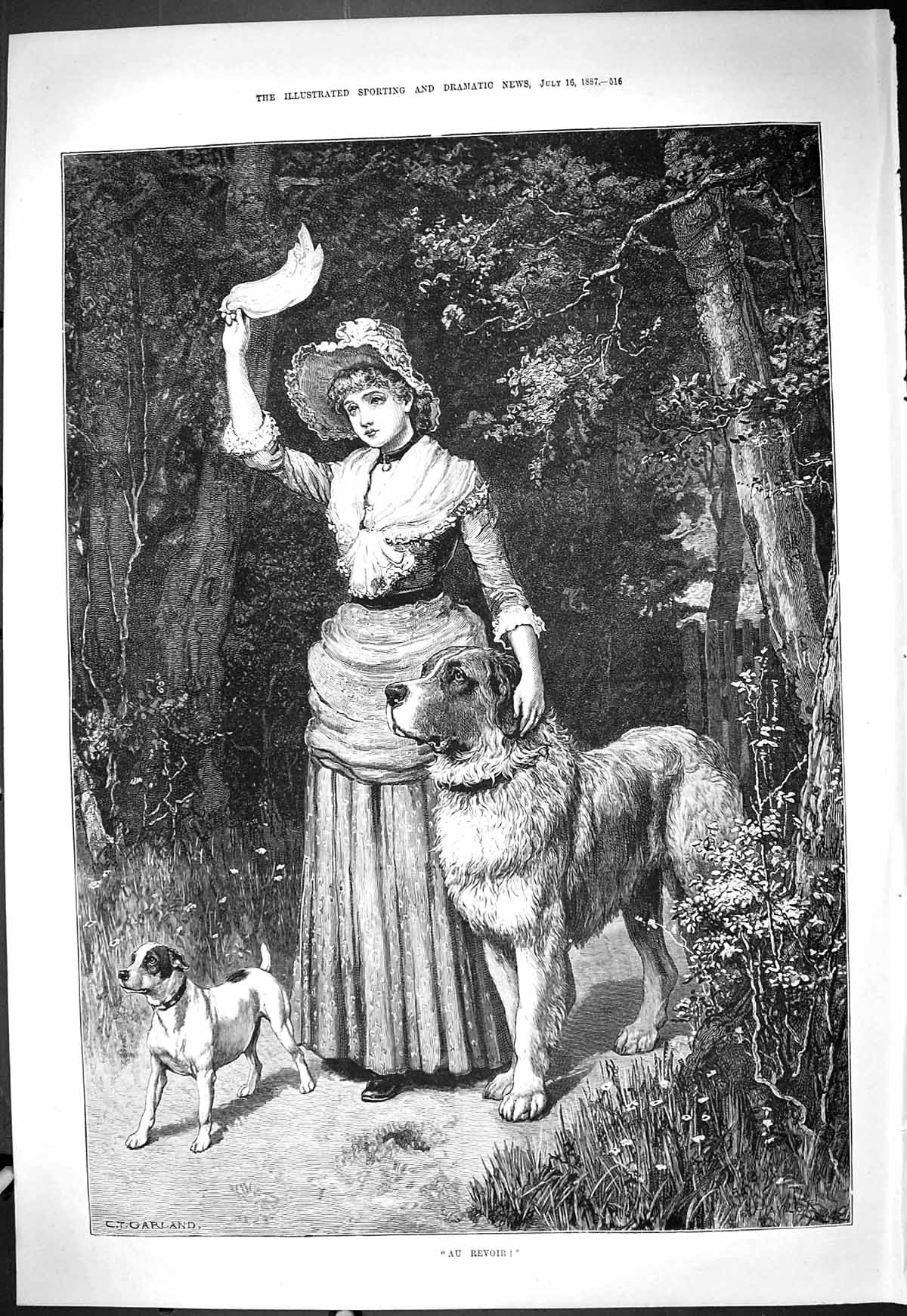 Antique Old Print 1887 Au Revoir Lady Waving Handkerchief Pet Dogs Garland 19th
