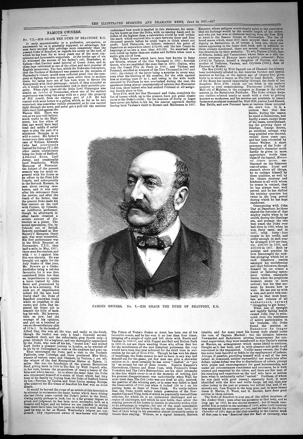 Original Old Antique Print 1887 Portrait Famous Horse Owner Grace Duke Beaufort