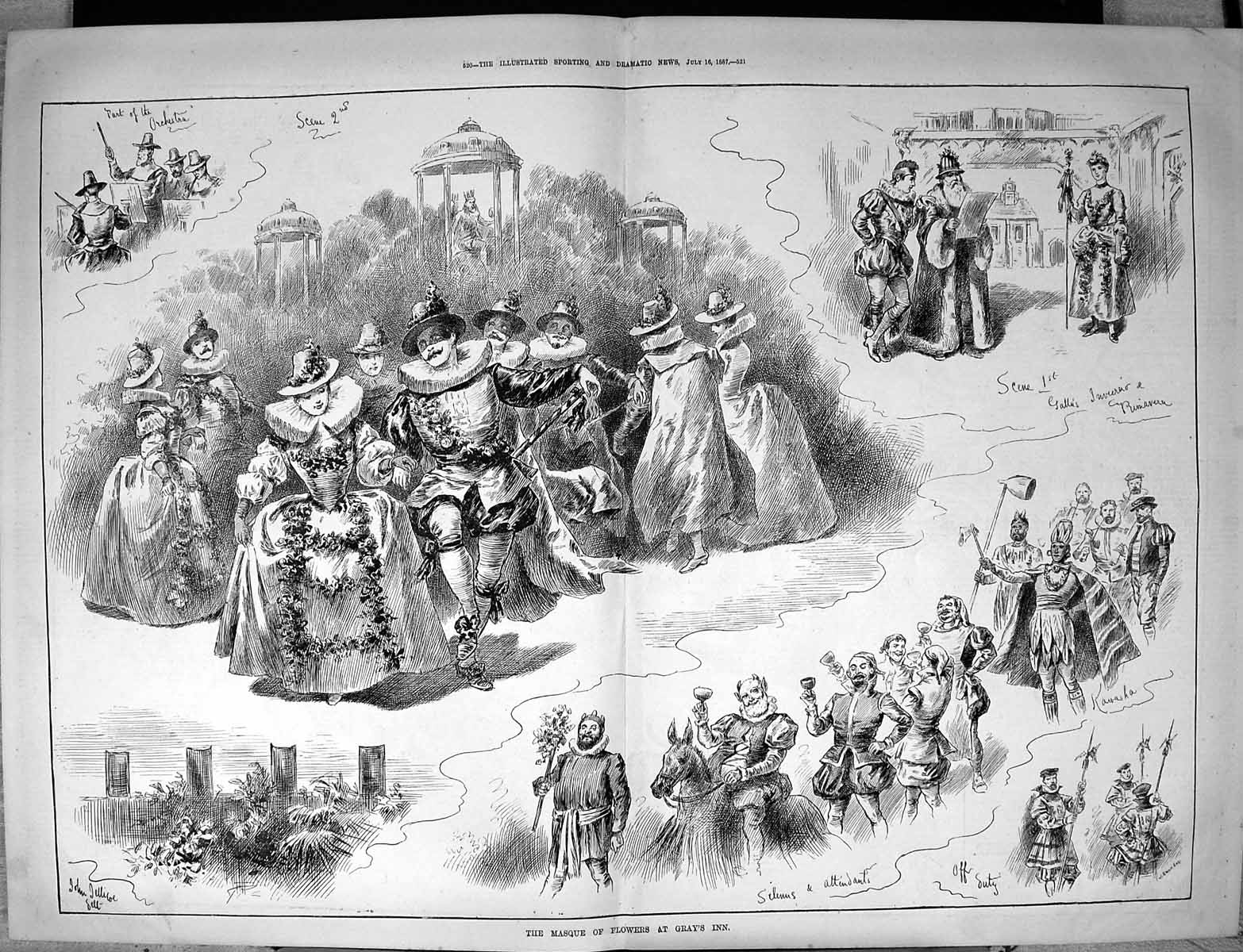Old Antique Print Masque Flowers Gray'S Inn Theatre Entertainment 1887 19th