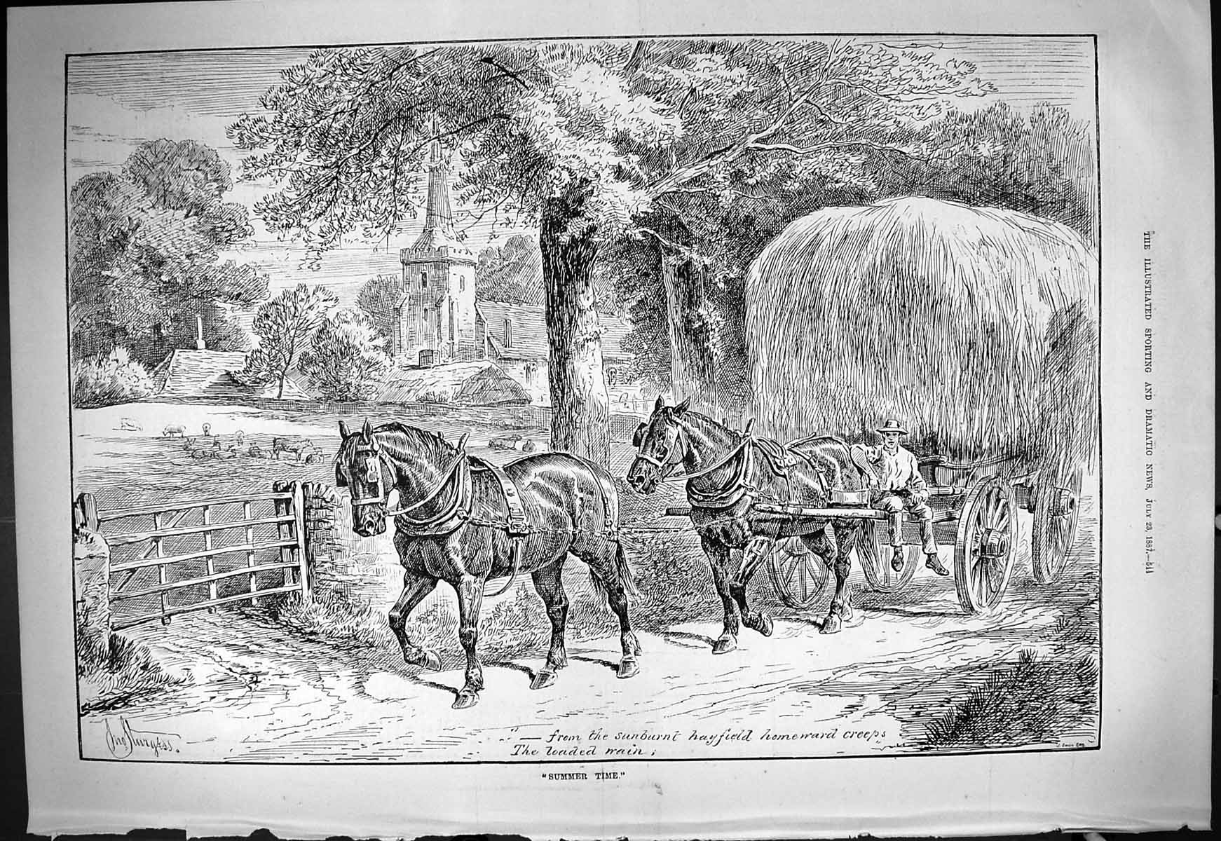 Original Old Antique Print Summer Time Horses Haycart Hay Agriculture 1887 19th