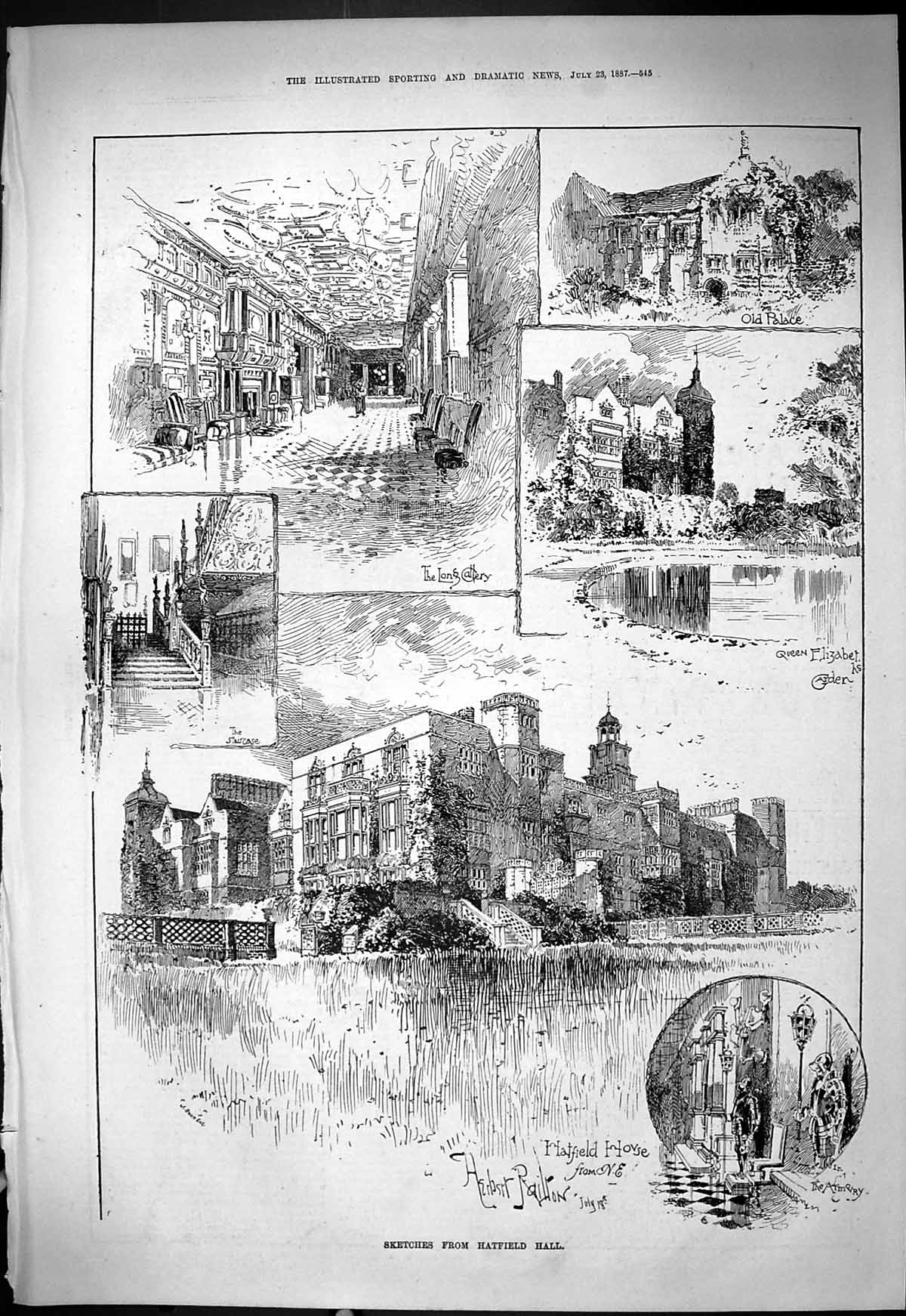 Antique Print Hatfield Hall House Queen Elizabeth Garden Long Gallery 1887 19th