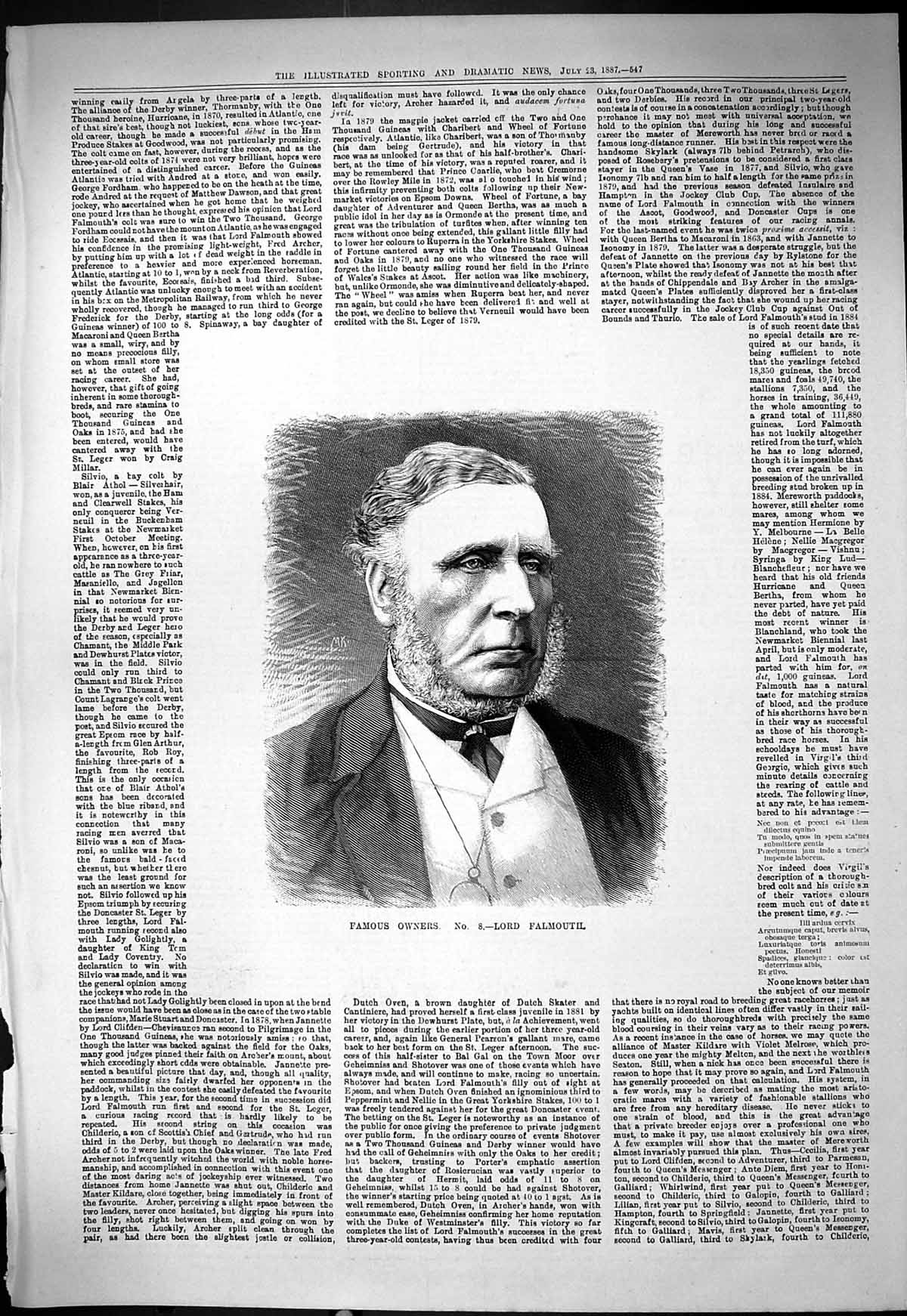 Original Old Antique Print 1887 Portrait Famous Horse Owner Lord Falmouth 19th