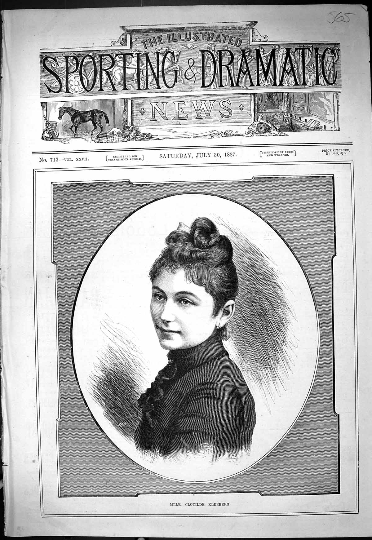 Old Antique Print 1887 Portrait Mlle. Clotilde Kleeberg Beautiful Woman 19th