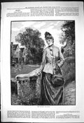Antique Old Print 1887 Squire'S Daughter Winter Coat Handbag Houses Bridge 19th