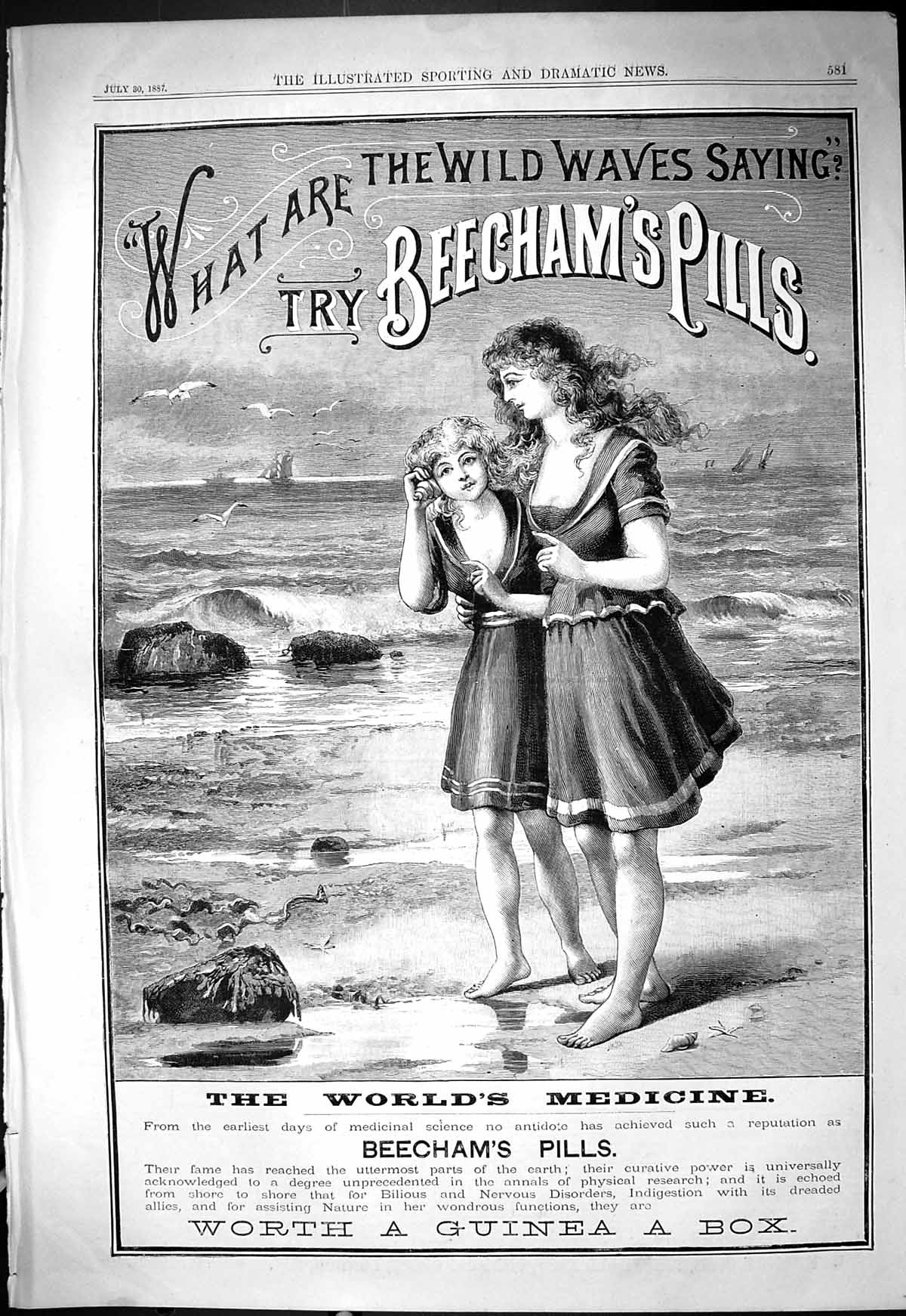 Old 1887 Advertisement Beechams Pills Ladies Bathing Costume Beach Sc Victorian