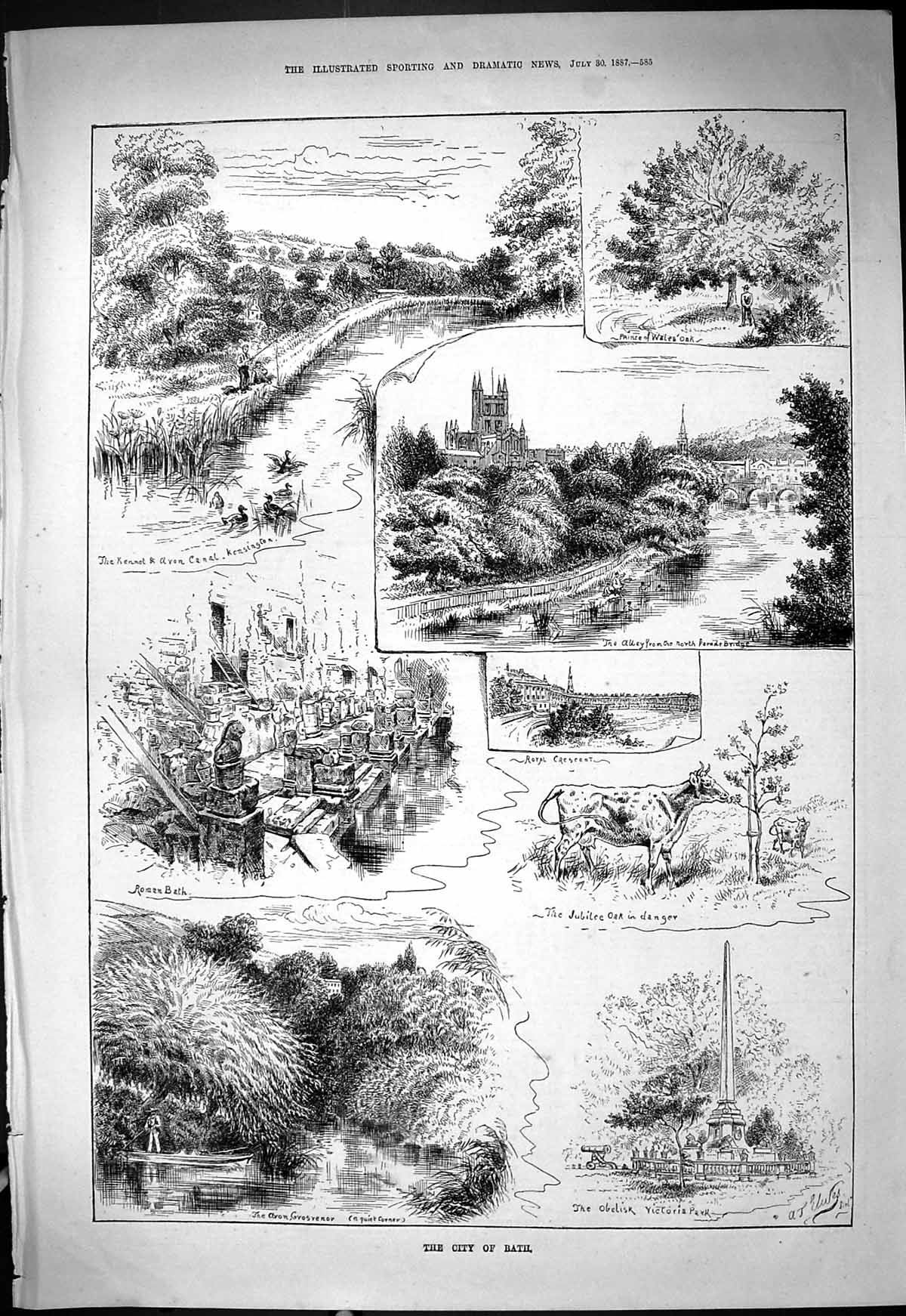 Old 1887 View City Bath Avon Canal Kensington Roman Bath Obelisk Vict Victorian