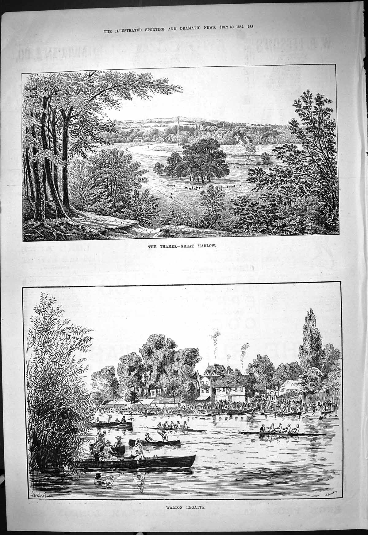 Antique Print 1887 River Thames Great Marlow Walton Regatta Boat Race Sport