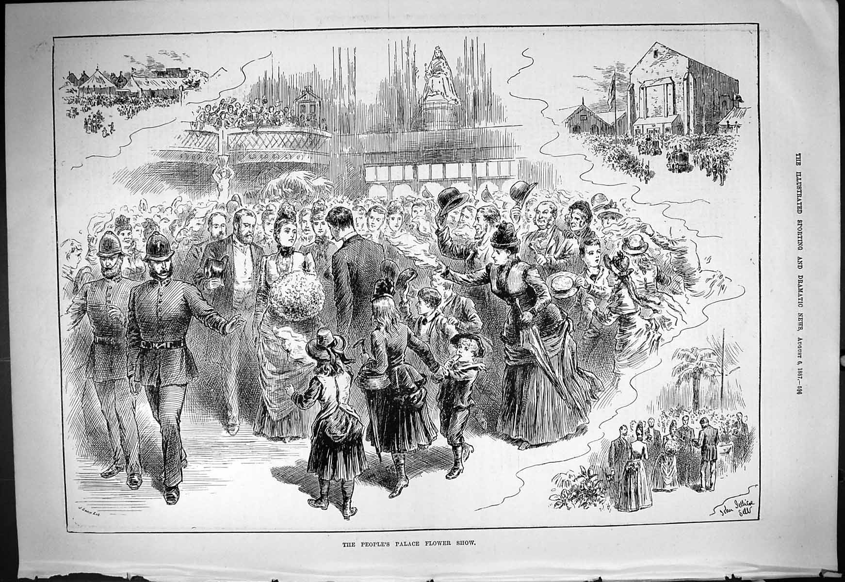 Original Old Antique Print People'S Palace Flower Show Entertainment 1887 Swain