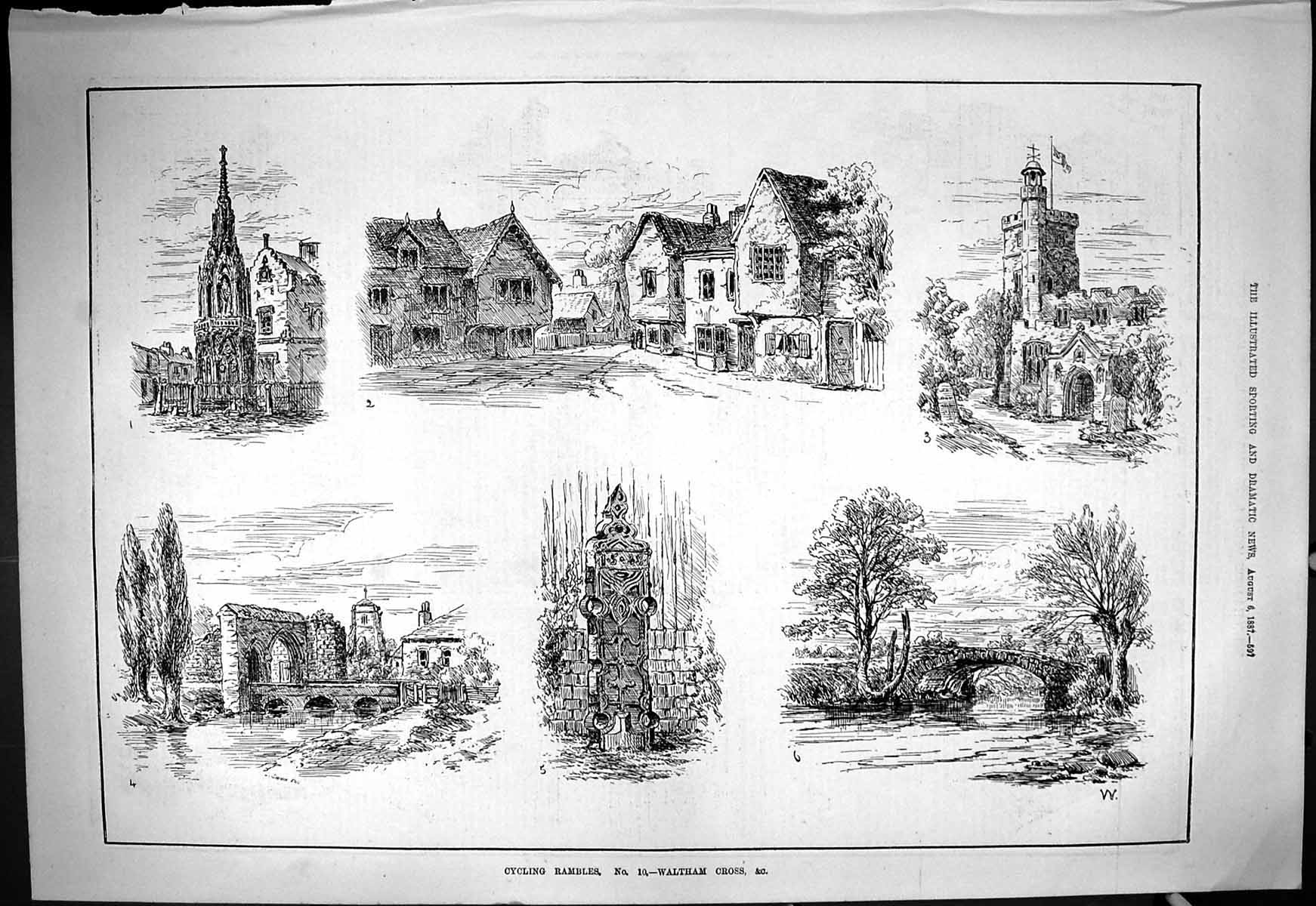 Antique Print 1887 Cycling Rambles Waltham Cross Architecture River Bridge 19th