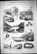 Original Old Antique Print 1887 Holiday Cruise Norway Salmon River Boats 19th