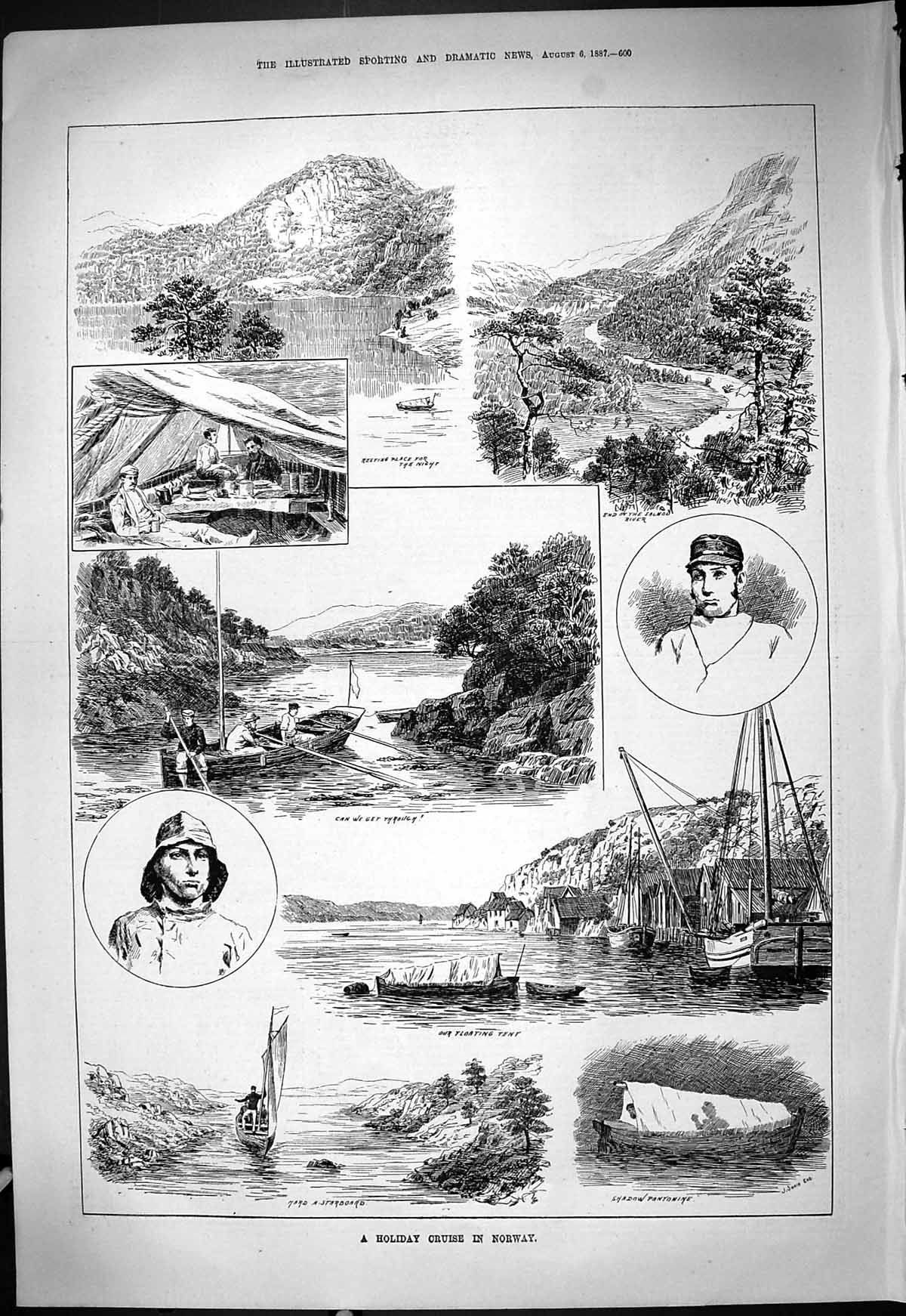 Original Old Antique Print 1887 Holiday Cruise Norway Salmon River Boats 19th