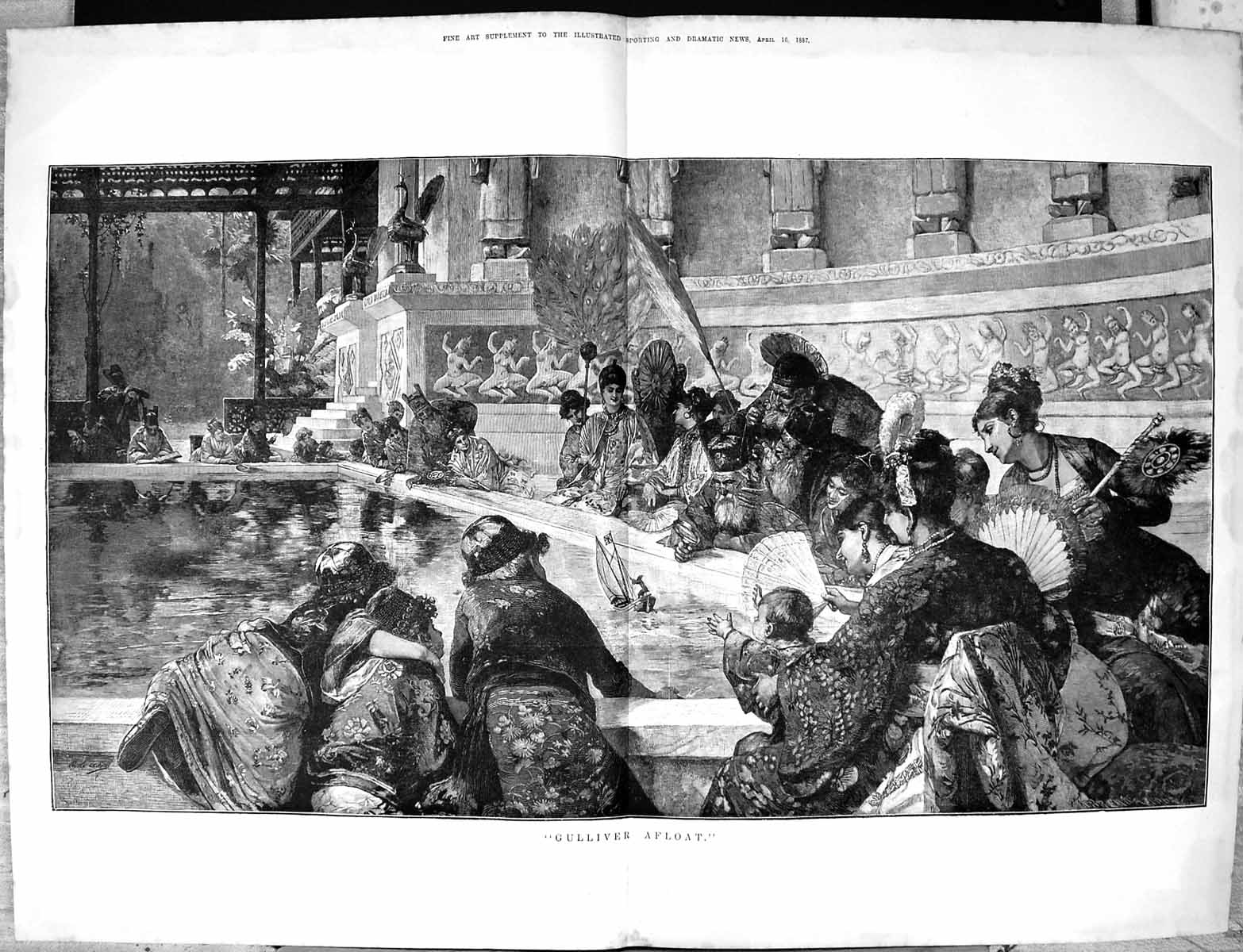 Old 1887 Fine Art Gulliver Afloat Model Yacht Racing Ladies ChildrenVictorian